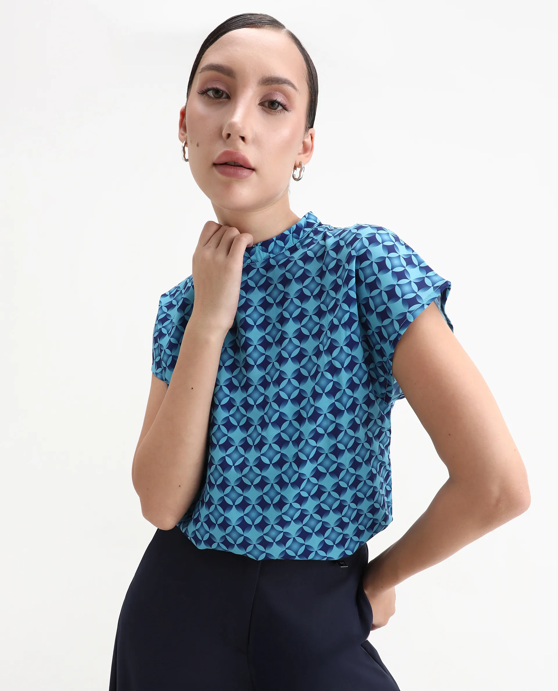 Rareism Women's Qoat Blue Polyester Blend High Neck Geometric Print Extended Sleeves Regular Fit Top - Image 3