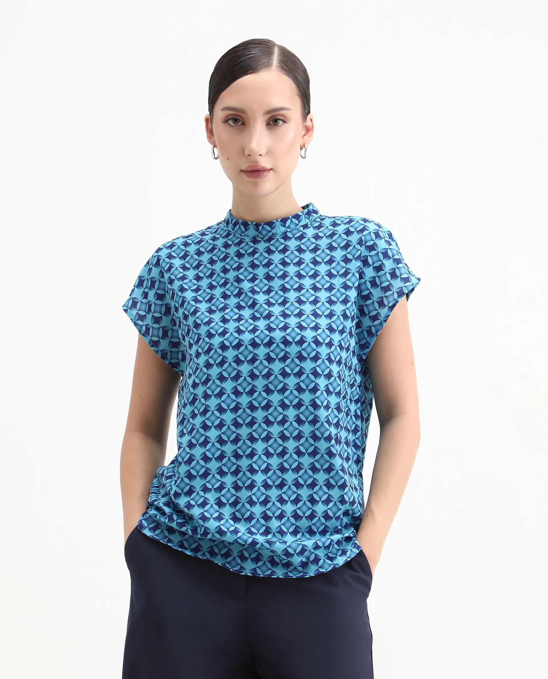 Rareism Women's Qoat Blue Polyester Blend High Neck Geometric Print Extended Sleeves Regular Fit Top - Image 4