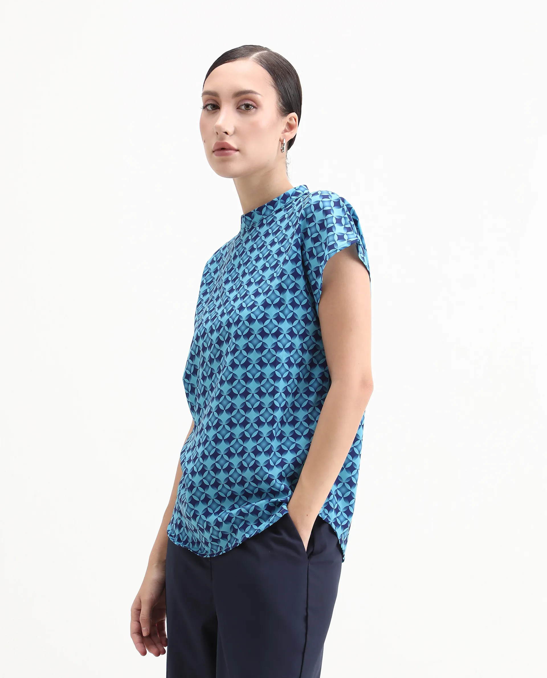 Rareism Women's Qoat Blue Polyester Blend High Neck Geometric Print Extended Sleeves Regular Fit Top - Image 5
