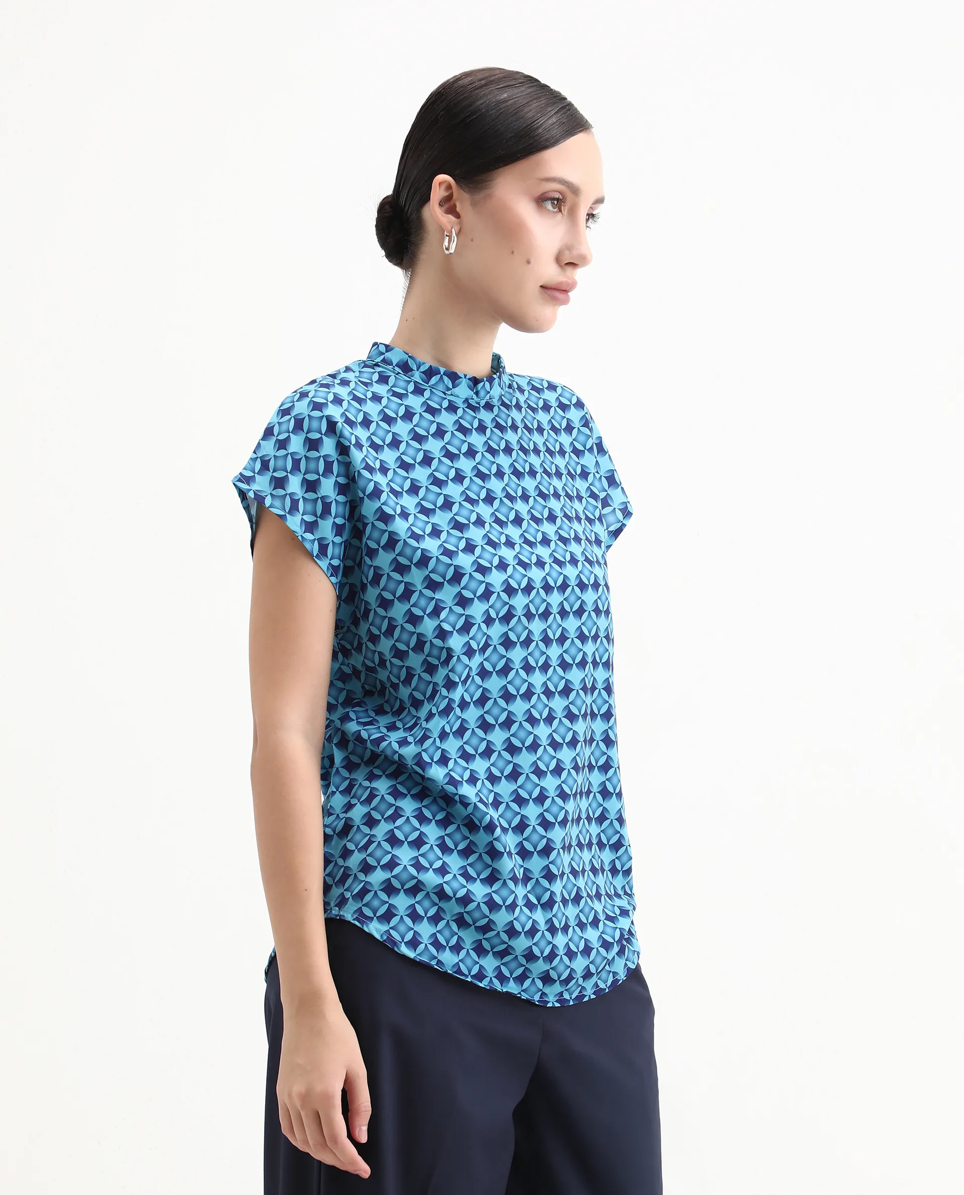 Rareism Women's Qoat Blue Polyester Blend High Neck Geometric Print Extended Sleeves Regular Fit Top - Image 6