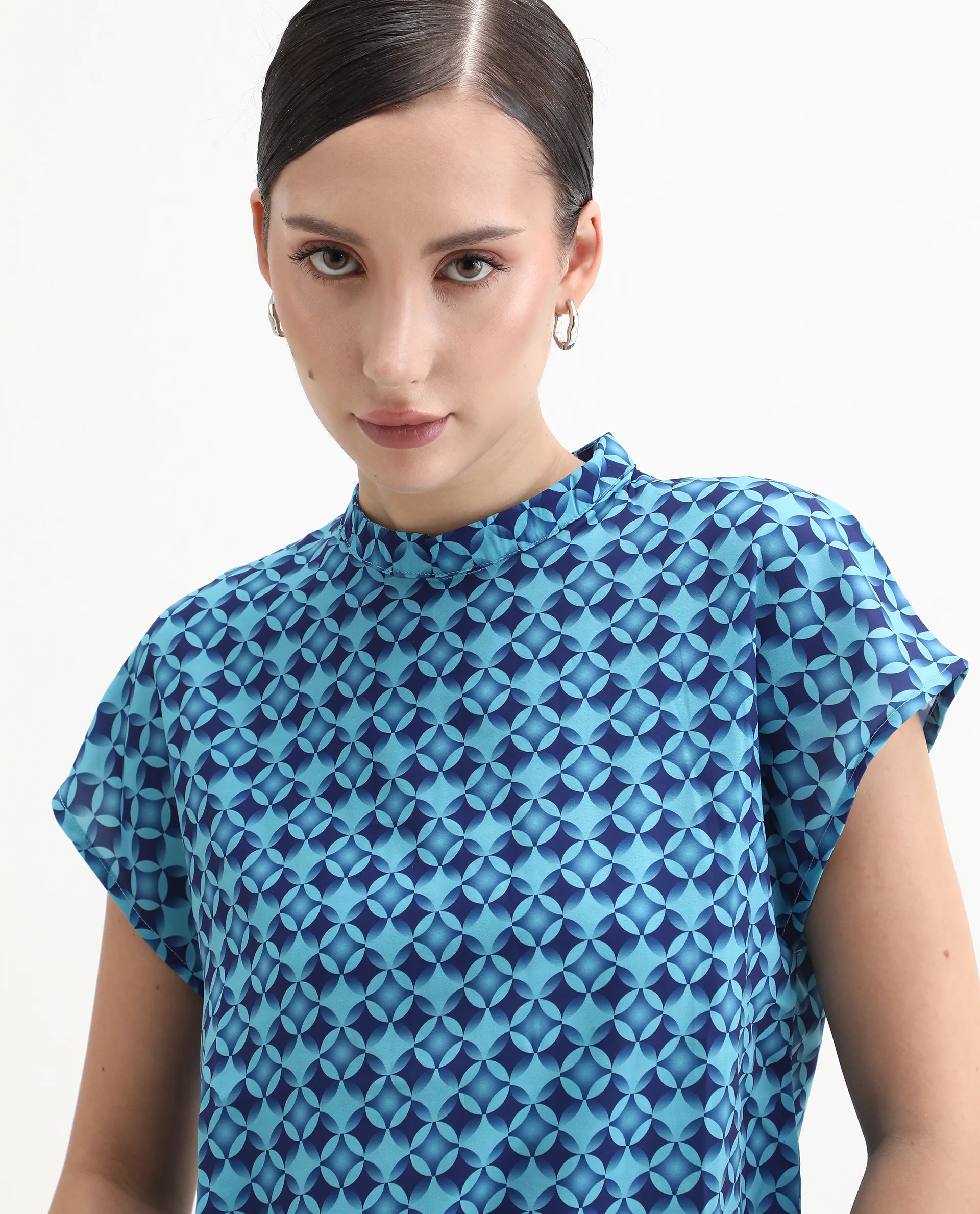 Rareism Women's Qoat Blue Polyester Blend High Neck Geometric Print Extended Sleeves Regular Fit Top - Image 7