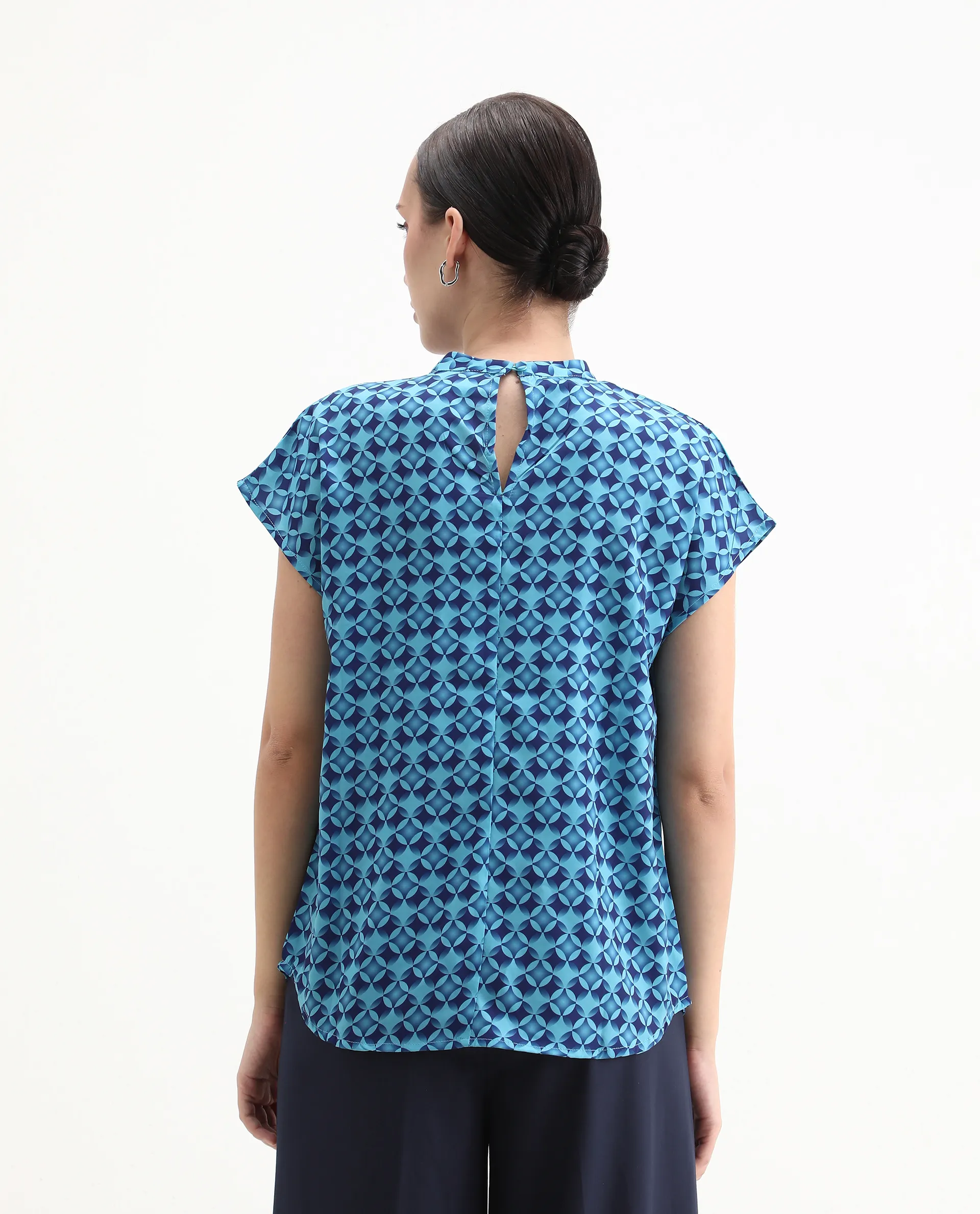 Rareism Women's Qoat Blue Polyester Blend High Neck Geometric Print Extended Sleeves Regular Fit Top - Image 8