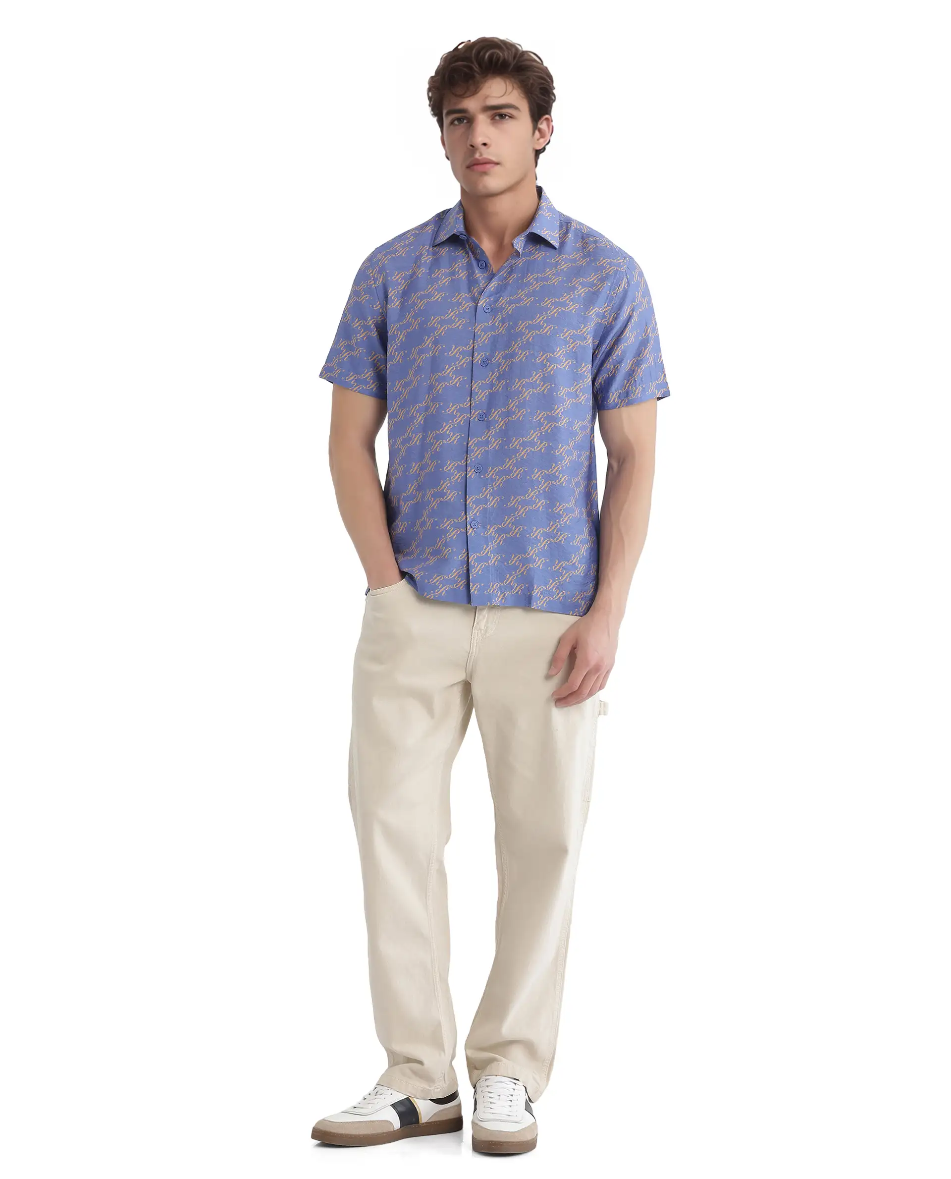 Rare Rabbit Men's Qoto Light Purple Viscose Blend Monogram Print Regular Fit Half Sleeve Collared Shirt - Image 2