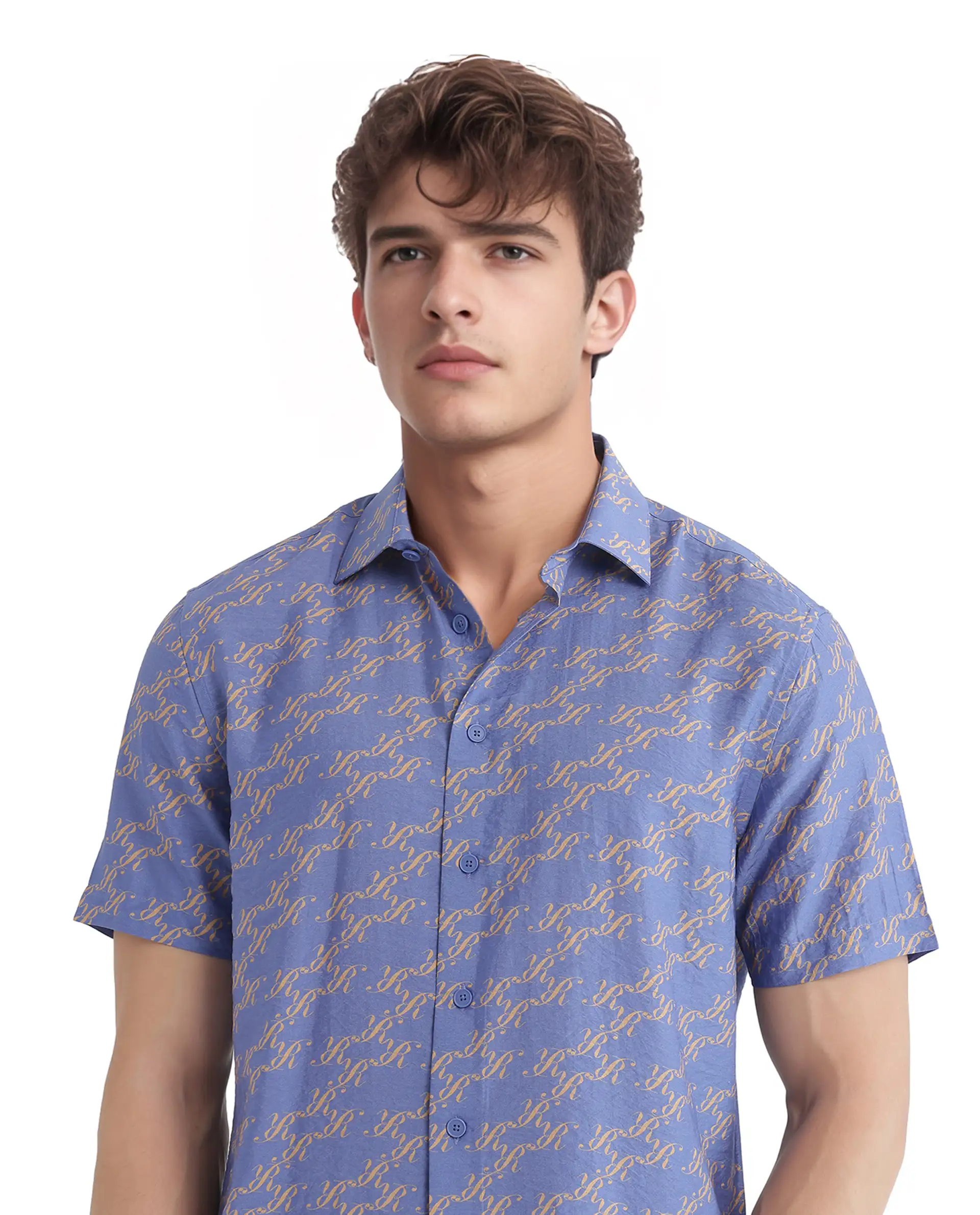 Rare Rabbit Men's Qoto Light Purple Viscose Blend Monogram Print Regular Fit Half Sleeve Collared Shirt - Image 3