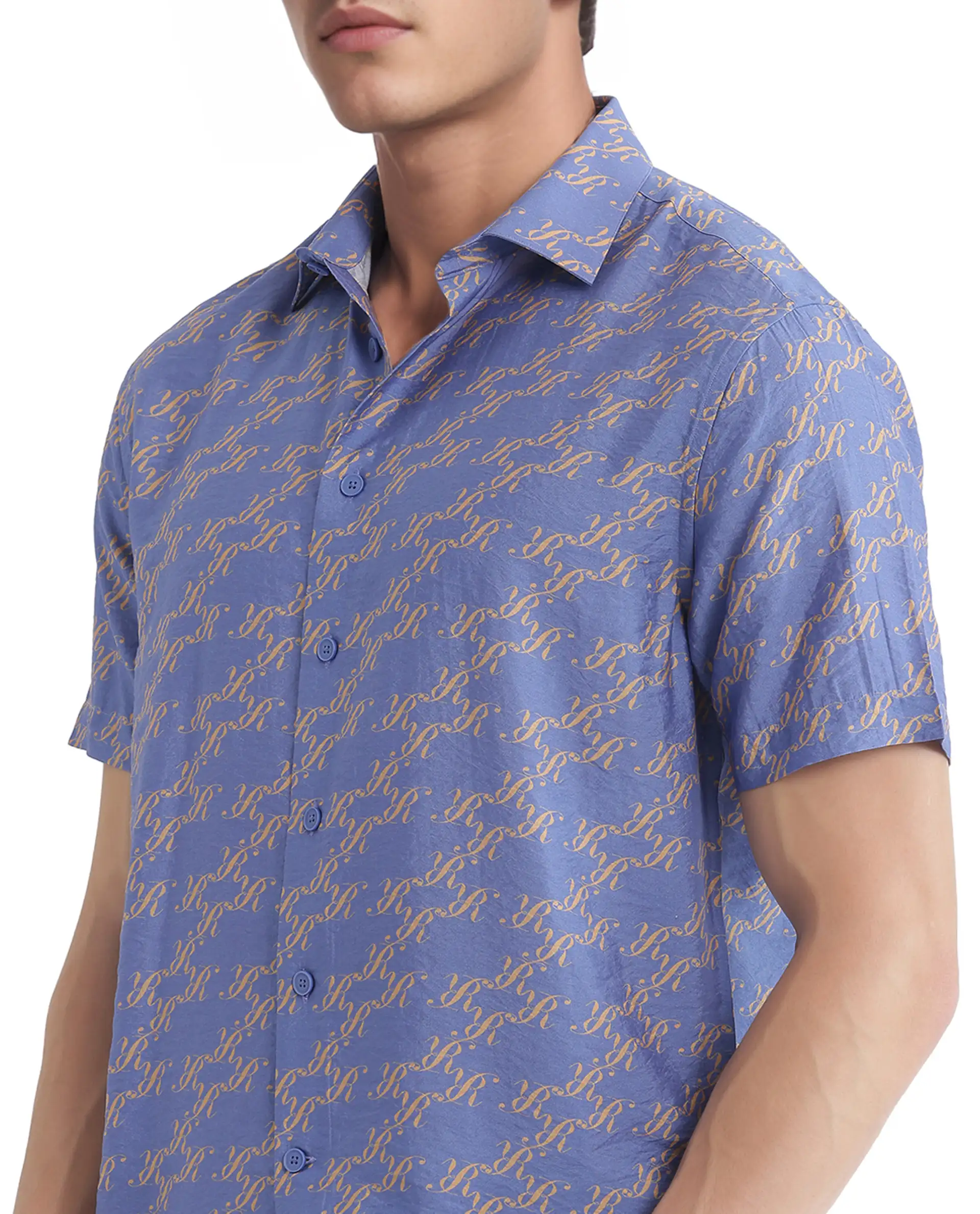 Rare Rabbit Men's Qoto Light Purple Viscose Blend Monogram Print Regular Fit Half Sleeve Collared Shirt - Image 4