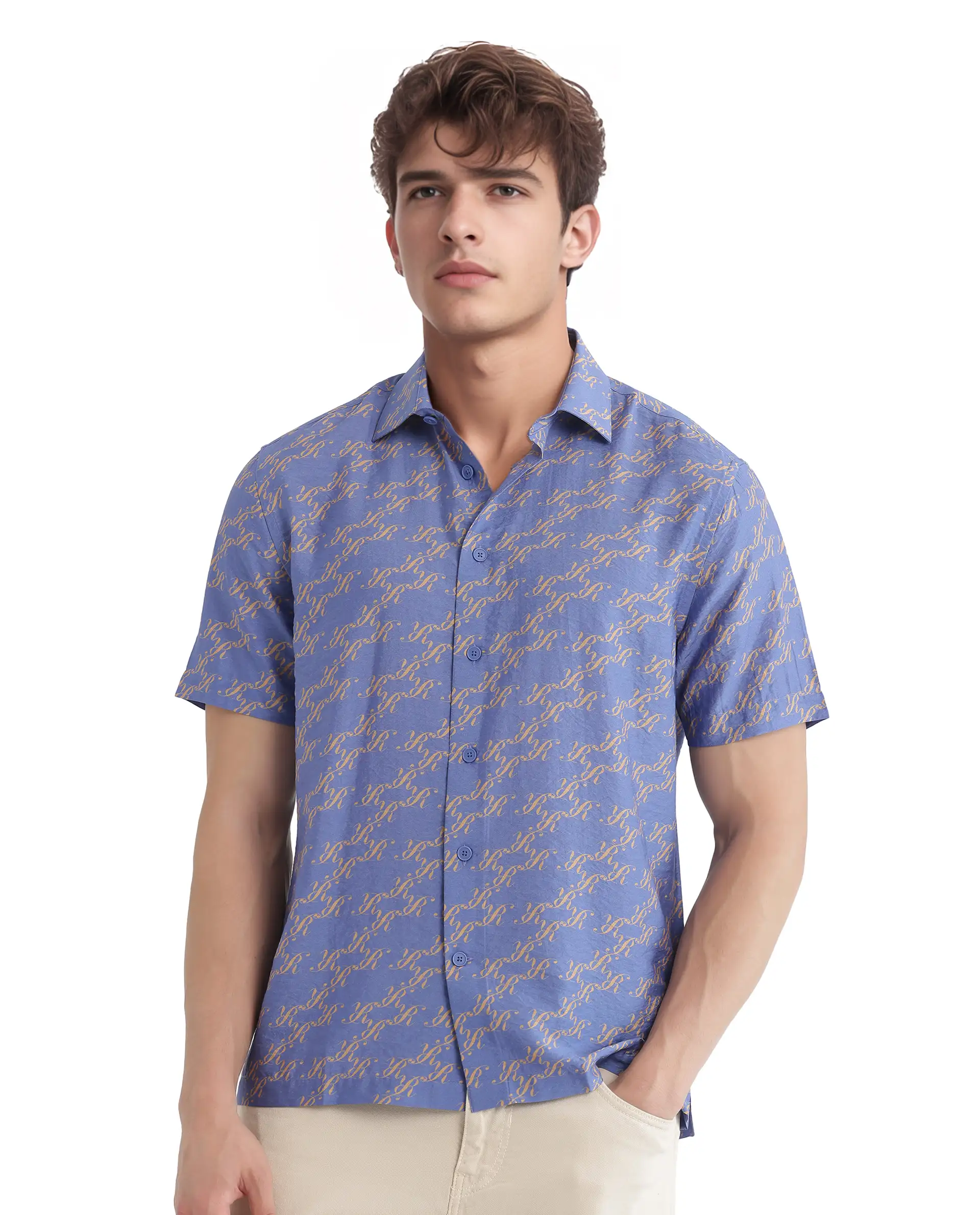 Rare Rabbit Men's Qoto Light Purple Viscose Blend Monogram Print Regular Fit Half Sleeve Collared Shirt - Image 6