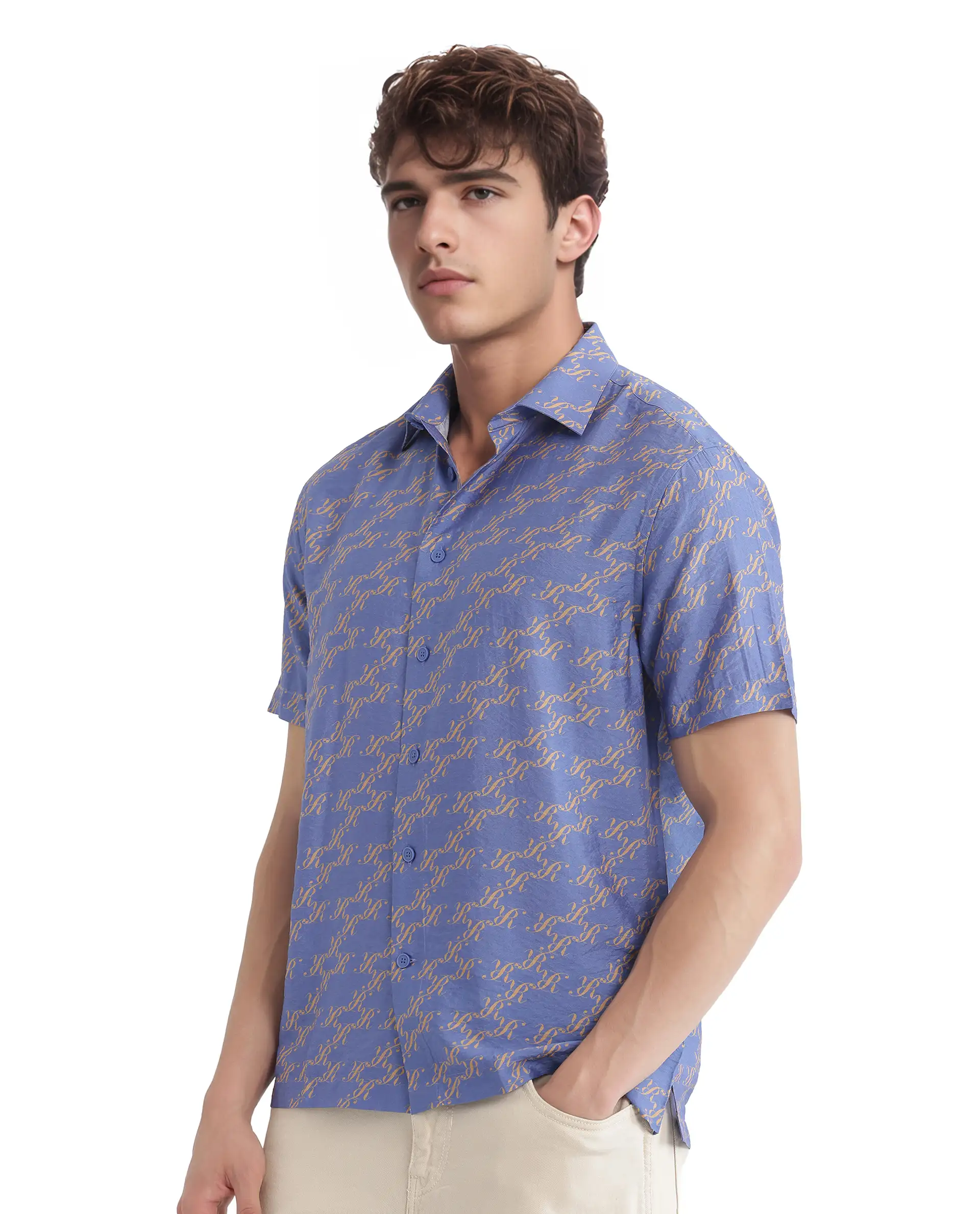 Rare Rabbit Men's Qoto Light Purple Viscose Blend Monogram Print Regular Fit Half Sleeve Collared Shirt - Image 7