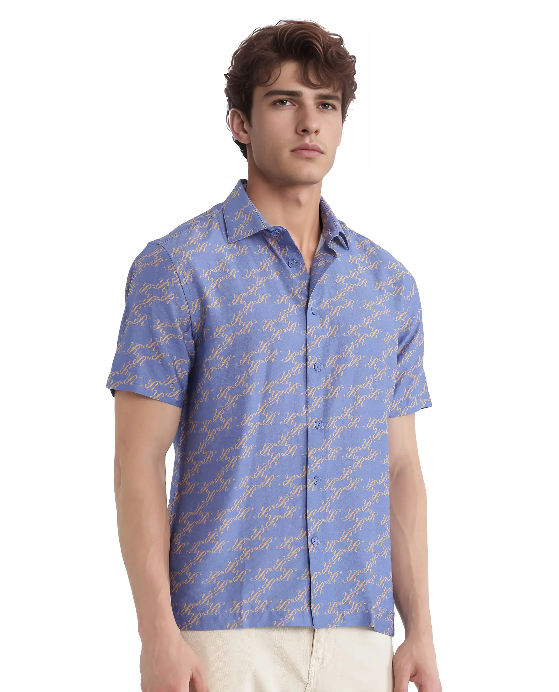 Rare Rabbit Men's Qoto Light Purple Viscose Blend Monogram Print Regular Fit Half Sleeve Collared Shirt - Image 8