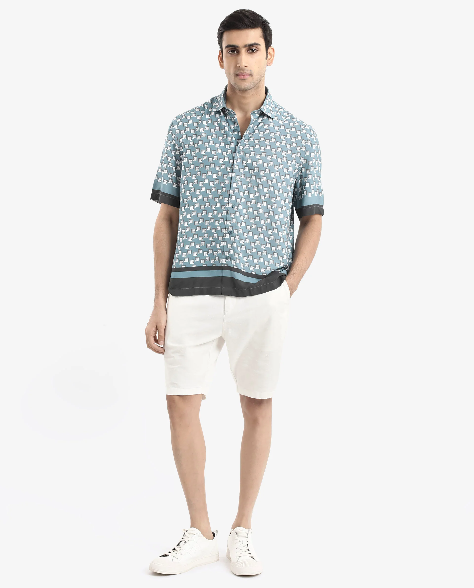 Rare Rabbit Men's Qran Dusky Petrol Viscose Monogram Print Boxy Fit Half Sleeve Collared Shirt - Image 2