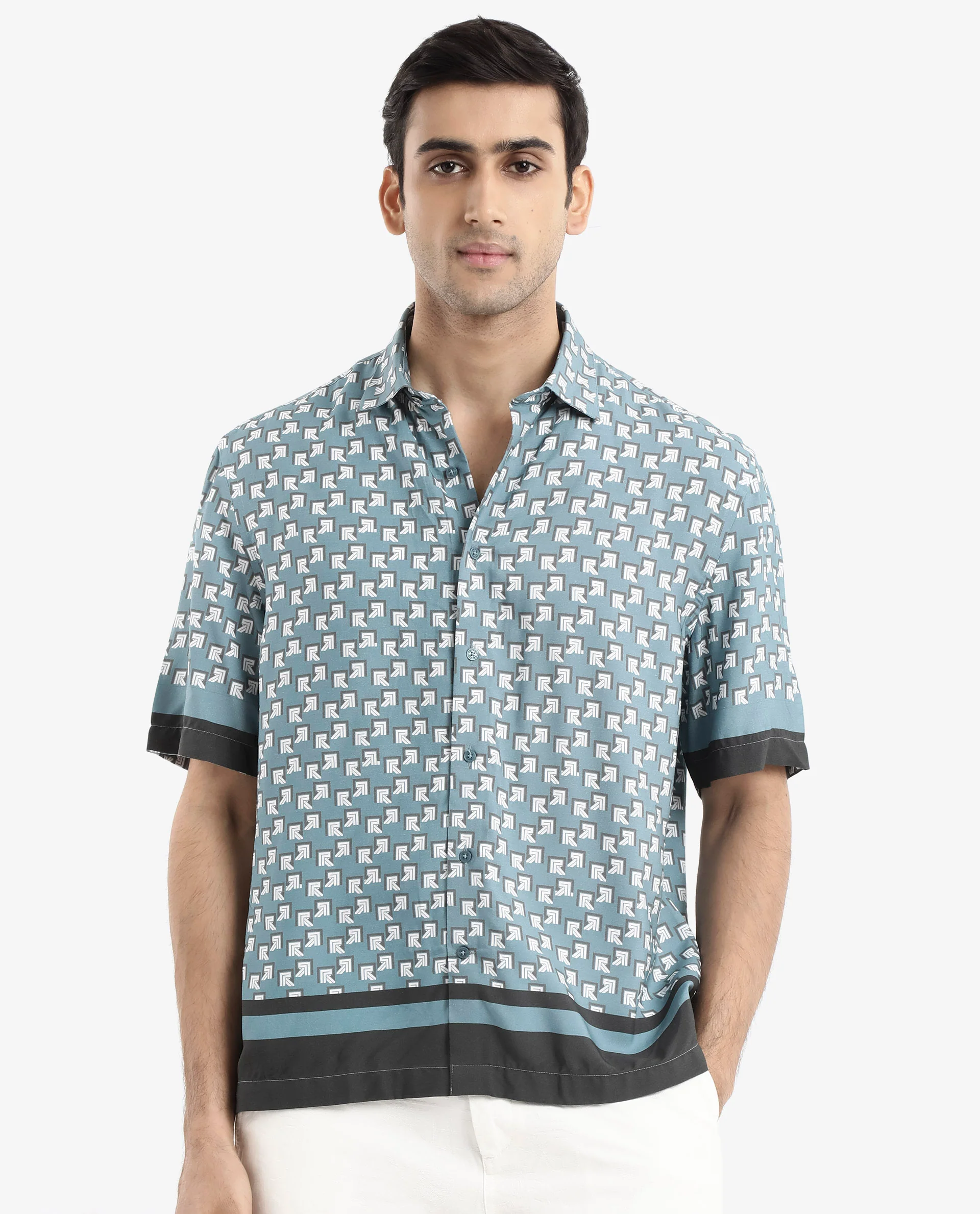 Rare Rabbit Men's Qran Dusky Petrol Viscose Monogram Print Boxy Fit Half Sleeve Collared Shirt - Image 3