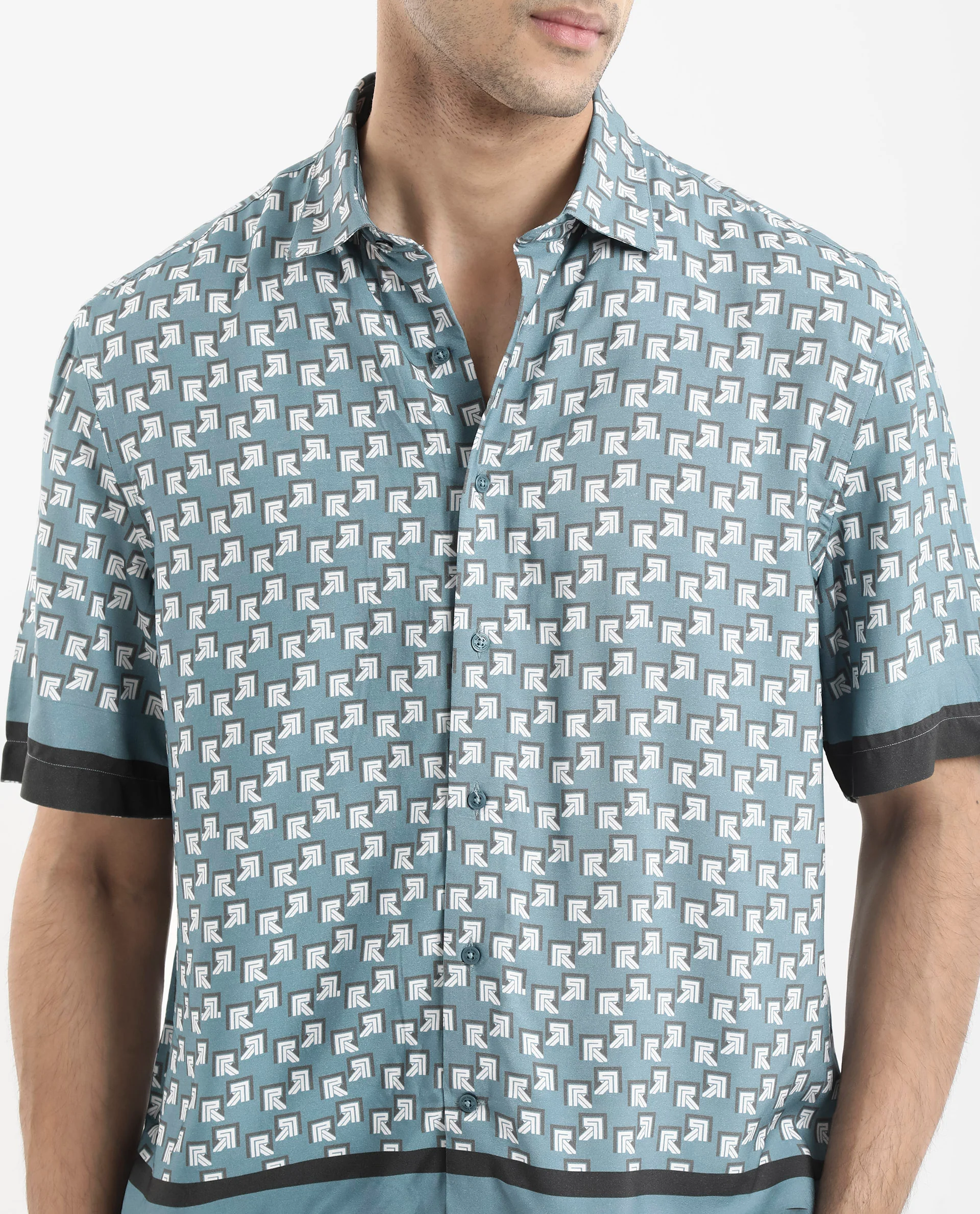 Rare Rabbit Men's Qran Dusky Petrol Viscose Monogram Print Boxy Fit Half Sleeve Collared Shirt - Image 4