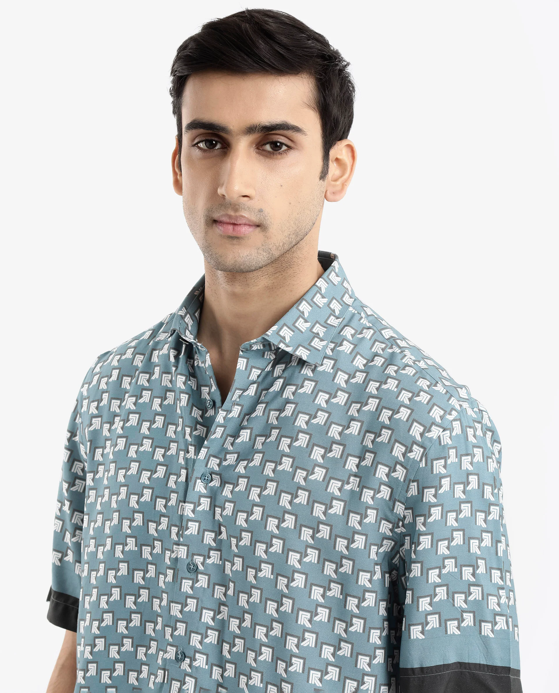 Rare Rabbit Men's Qran Dusky Petrol Viscose Monogram Print Boxy Fit Half Sleeve Collared Shirt - Image 5