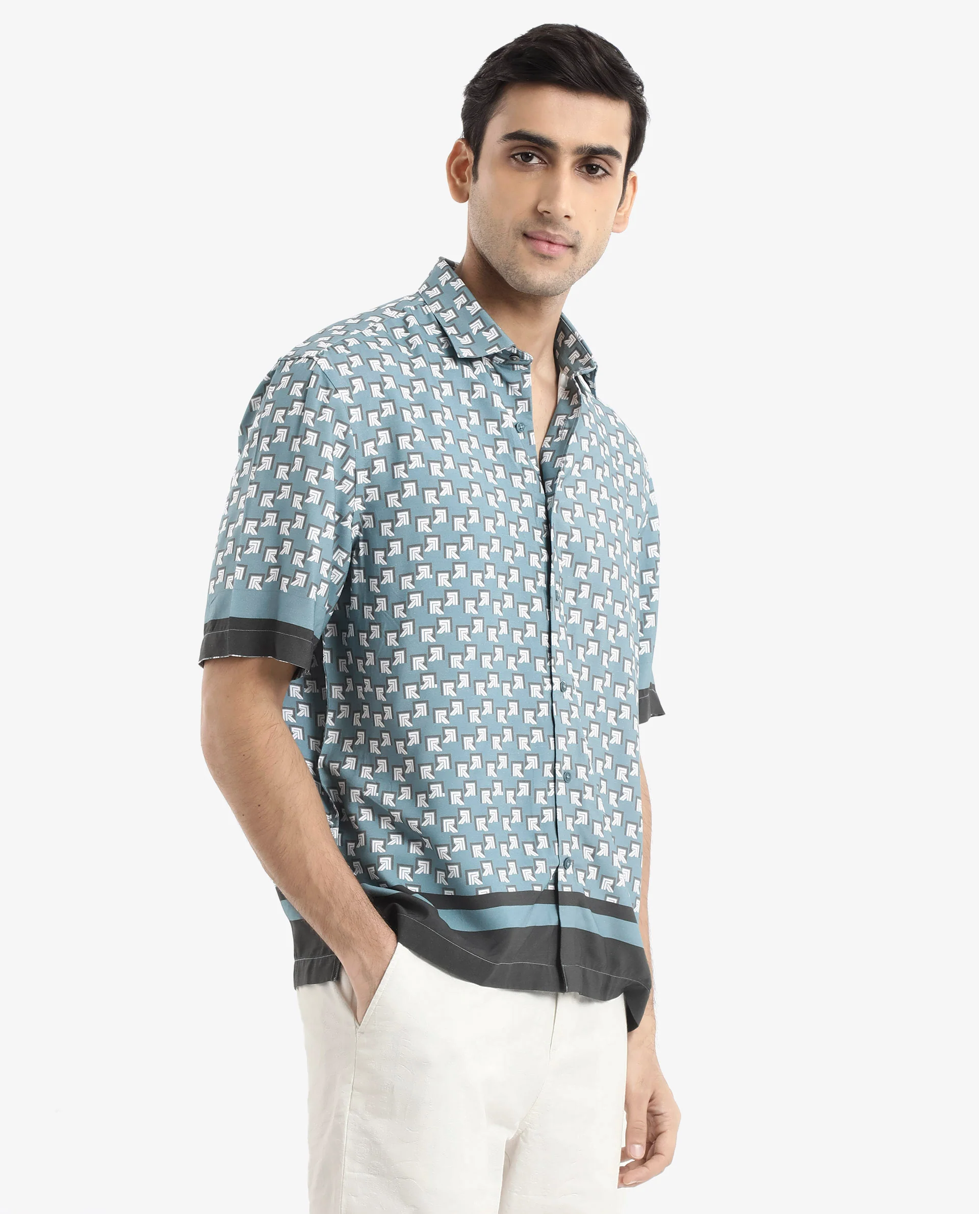 Rare Rabbit Men's Qran Dusky Petrol Viscose Monogram Print Boxy Fit Half Sleeve Collared Shirt - Image 6