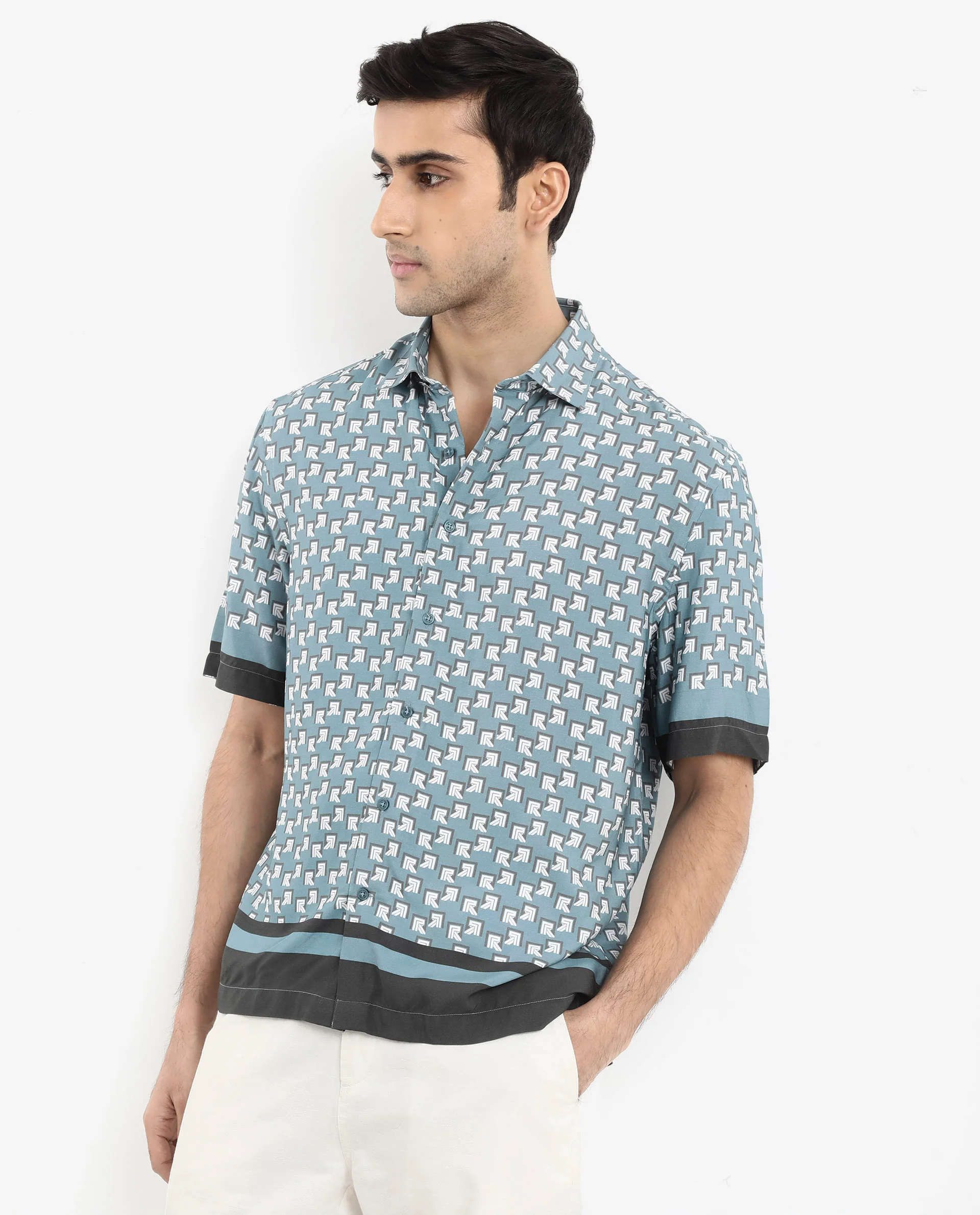 Rare Rabbit Men's Qran Dusky Petrol Viscose Monogram Print Boxy Fit Half Sleeve Collared Shirt - Image 7