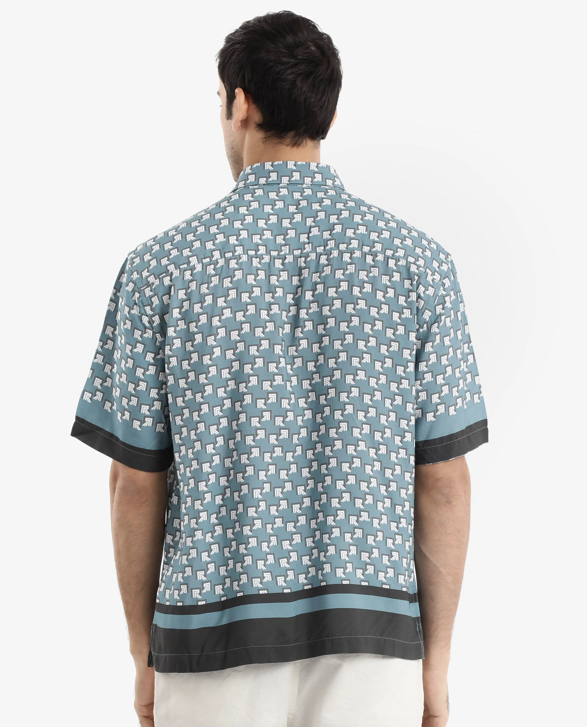 Rare Rabbit Men's Qran Dusky Petrol Viscose Monogram Print Boxy Fit Half Sleeve Collared Shirt - Image 8