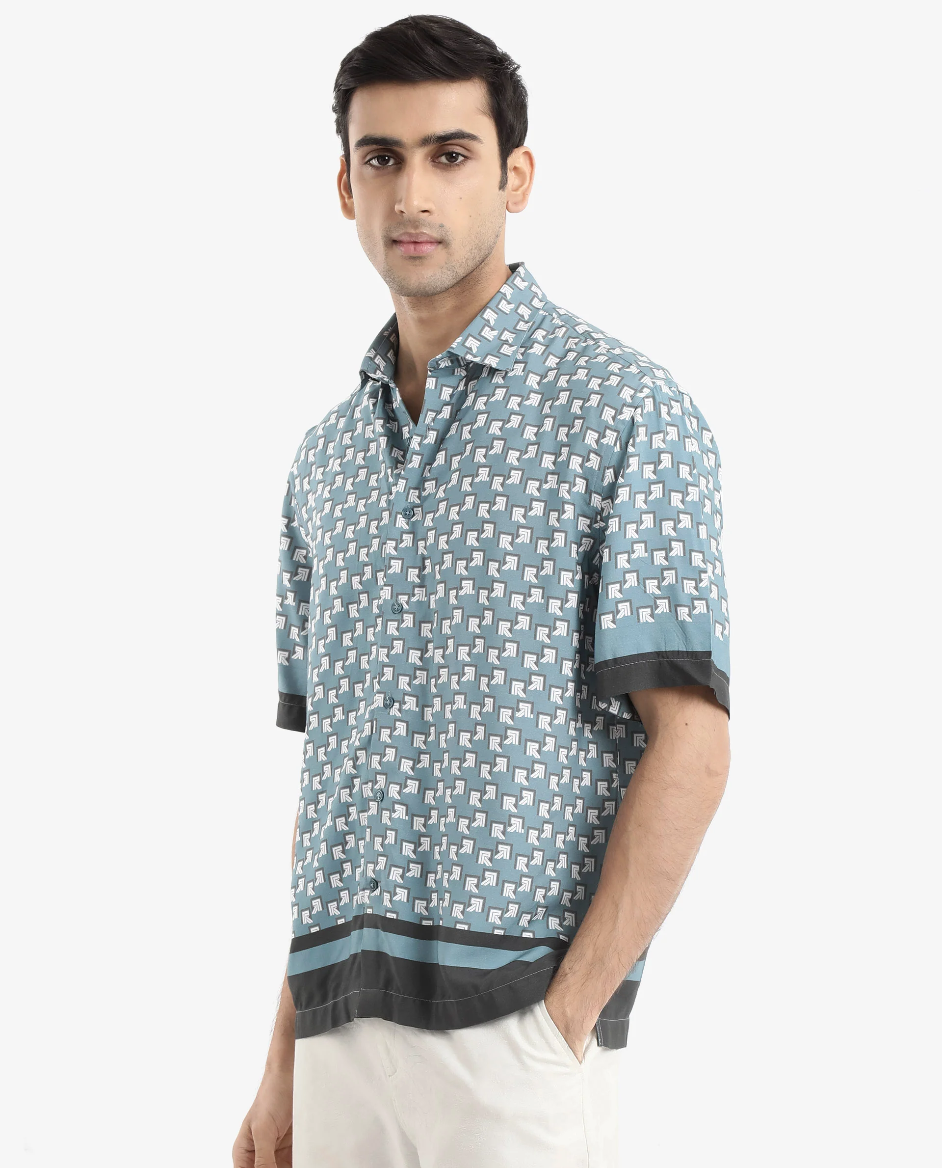Rare Rabbit Men's Qran Dusky Petrol Viscose Monogram Print Boxy Fit Half Sleeve Collared Shirt - Image 9