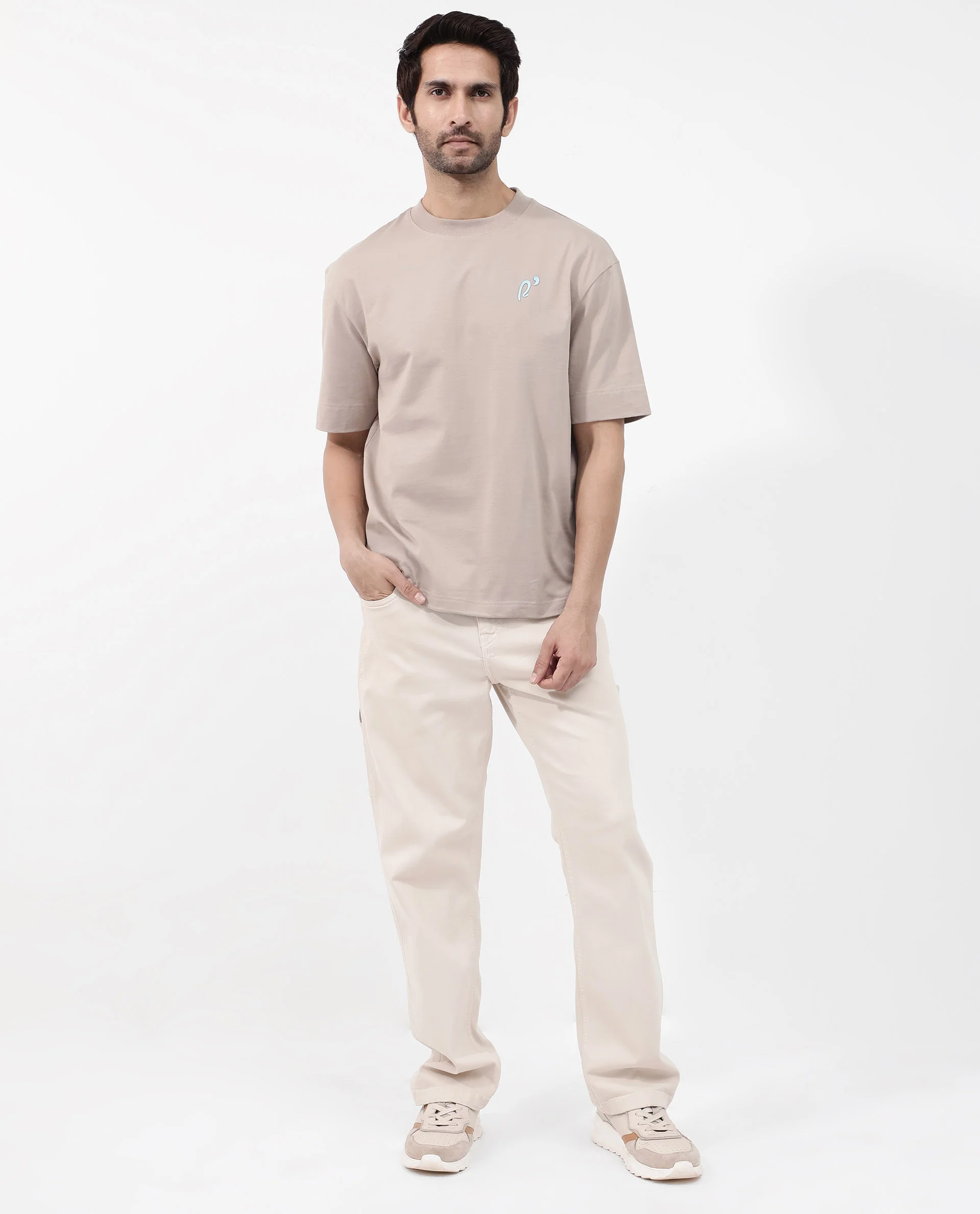 Rare Rabbit Articale Mens Quade Beige Cotton Polyester Fabric Short Sleeve Crew Neck Oversized Fit Graphic Printed T-Shirt - Image 2