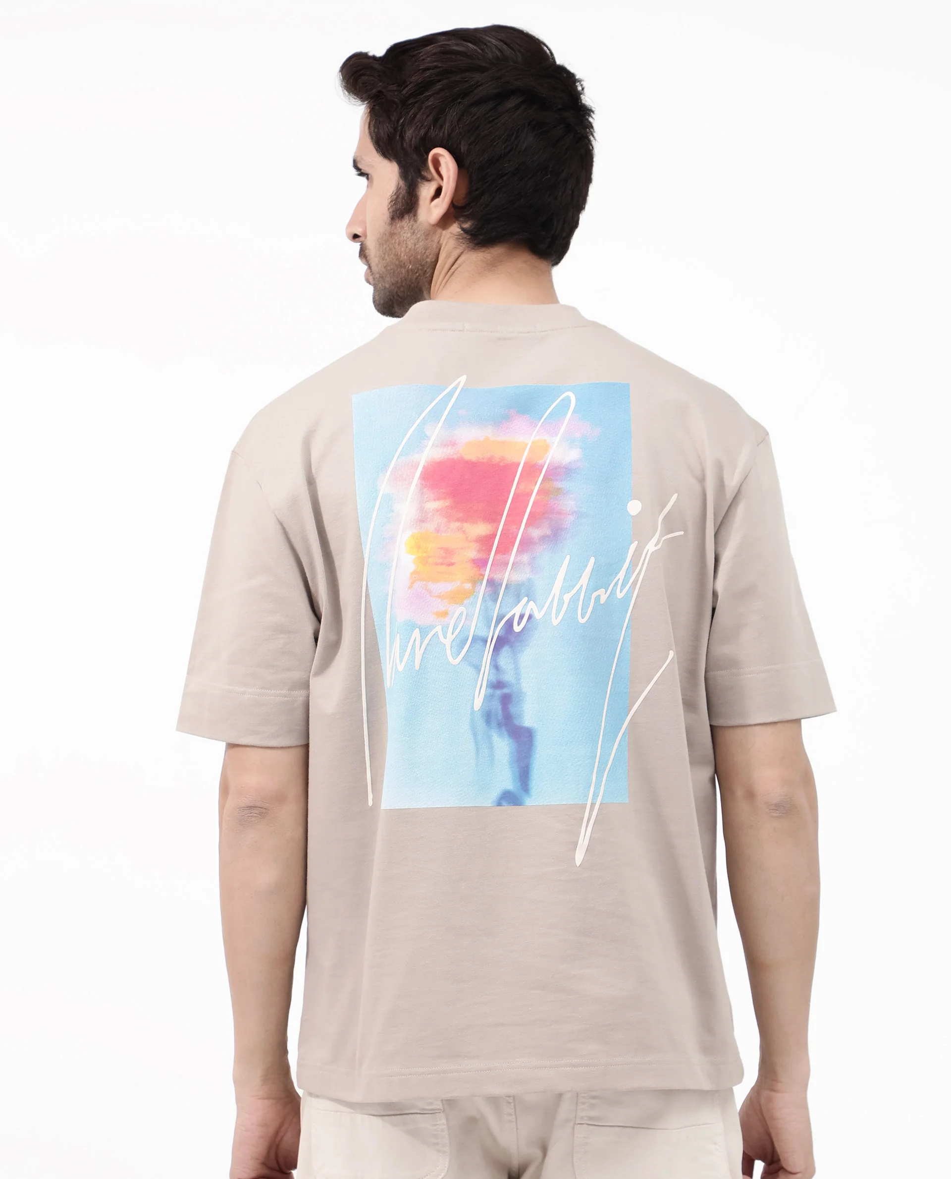 Rare Rabbit Articale Mens Quade Beige Cotton Polyester Fabric Short Sleeve Crew Neck Oversized Fit Graphic Printed T-Shirt - Image 4