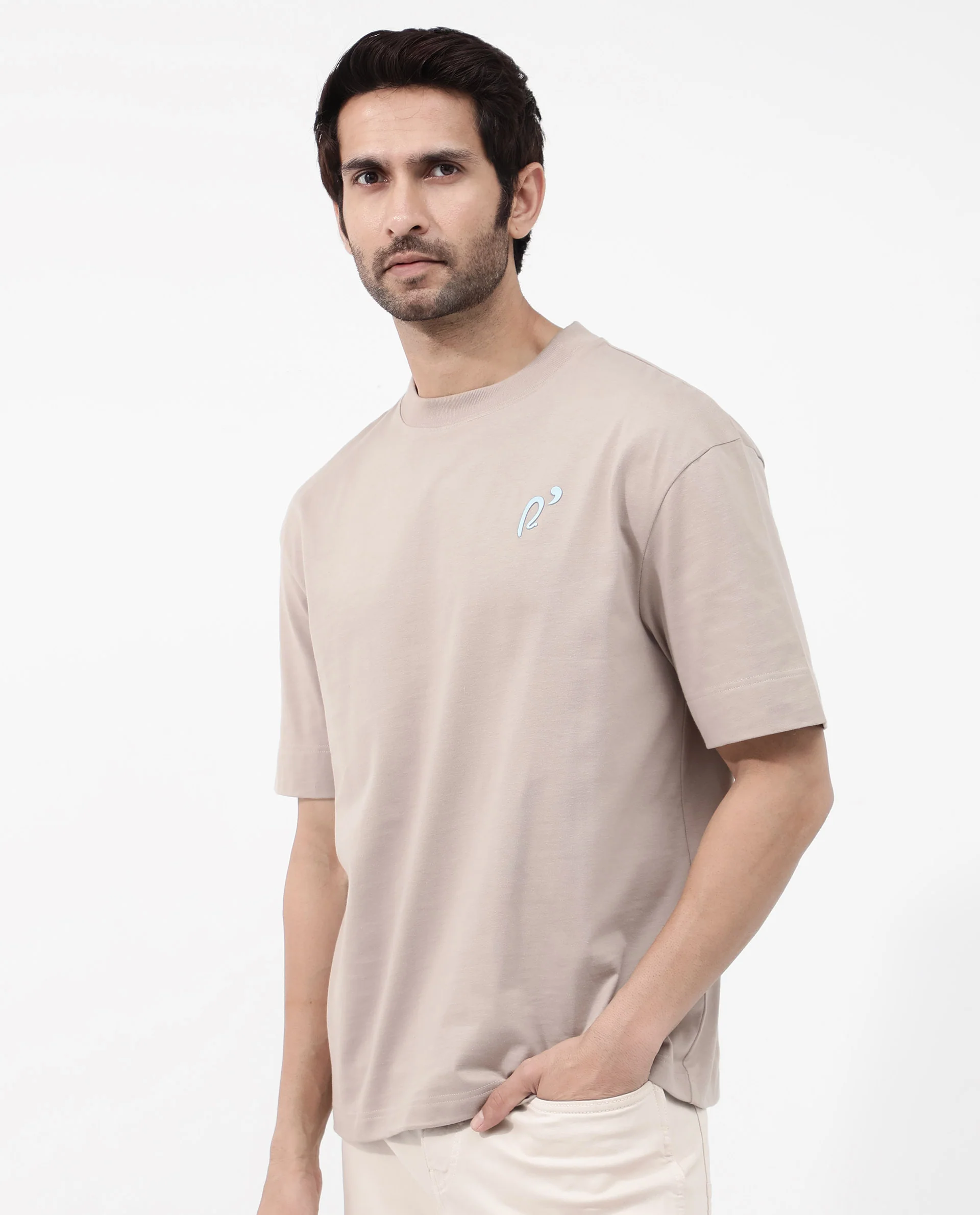 Rare Rabbit Articale Mens Quade Beige Cotton Polyester Fabric Short Sleeve Crew Neck Oversized Fit Graphic Printed T-Shirt - Image 6