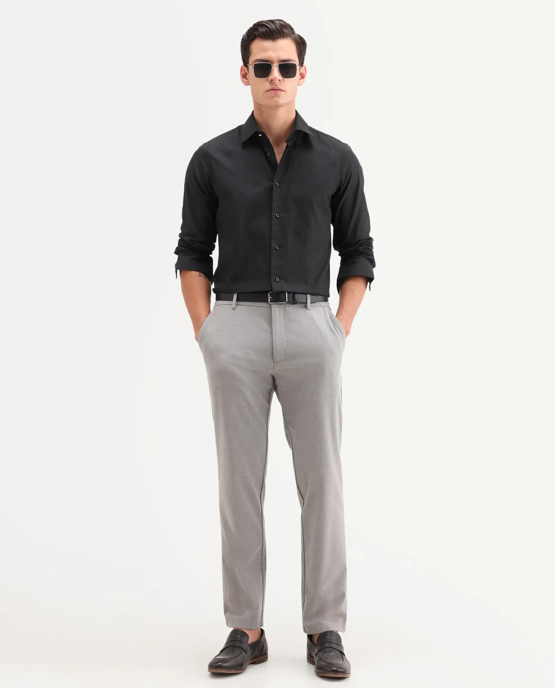 Rare Rabbit Men's Quard Black Cotton Fabric Full Sleeve Spread Collar Button Regular Textured Shirt - Image 2