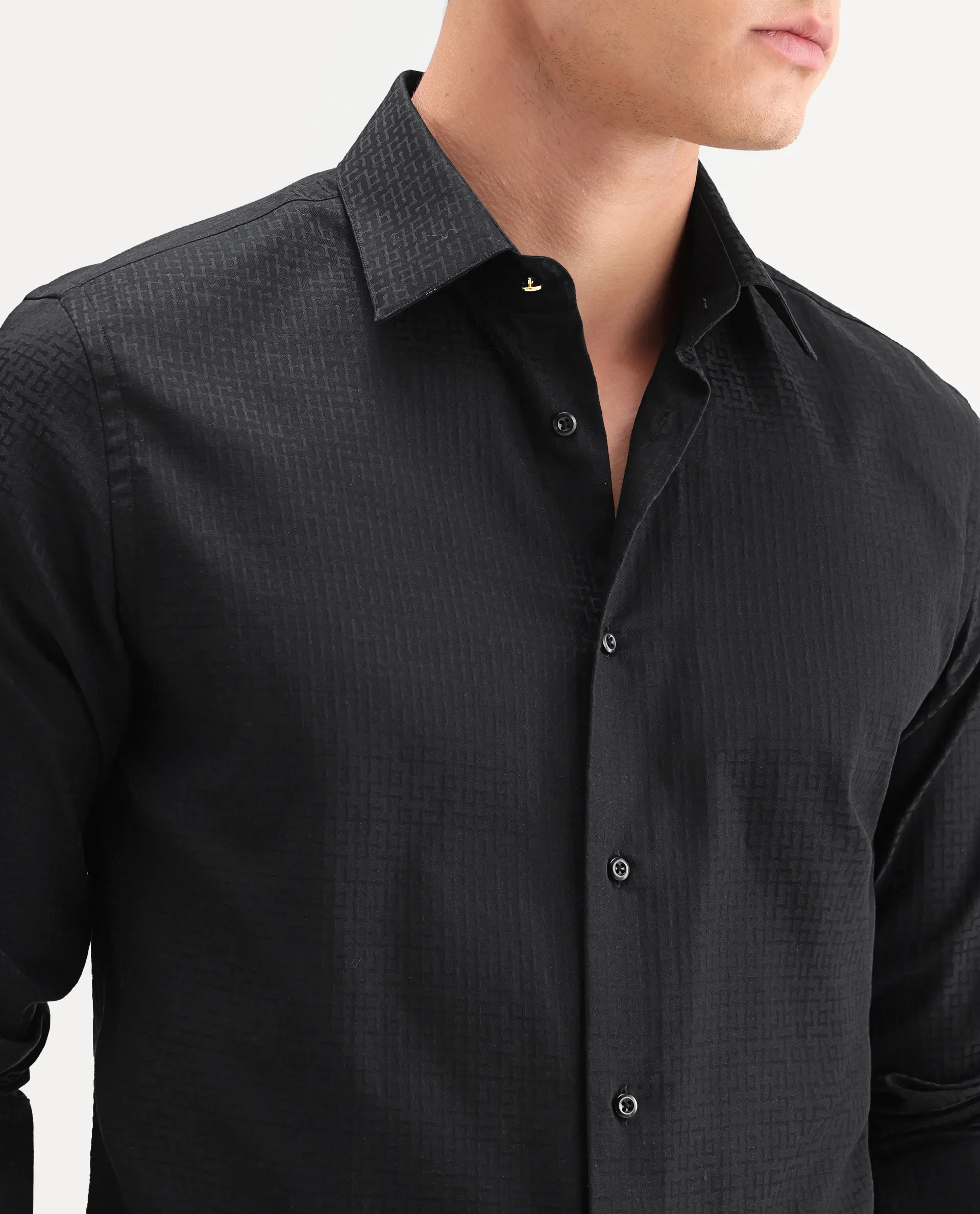 Rare Rabbit Men's Quard Black Cotton Fabric Full Sleeve Spread Collar Button Regular Textured Shirt - Image 3