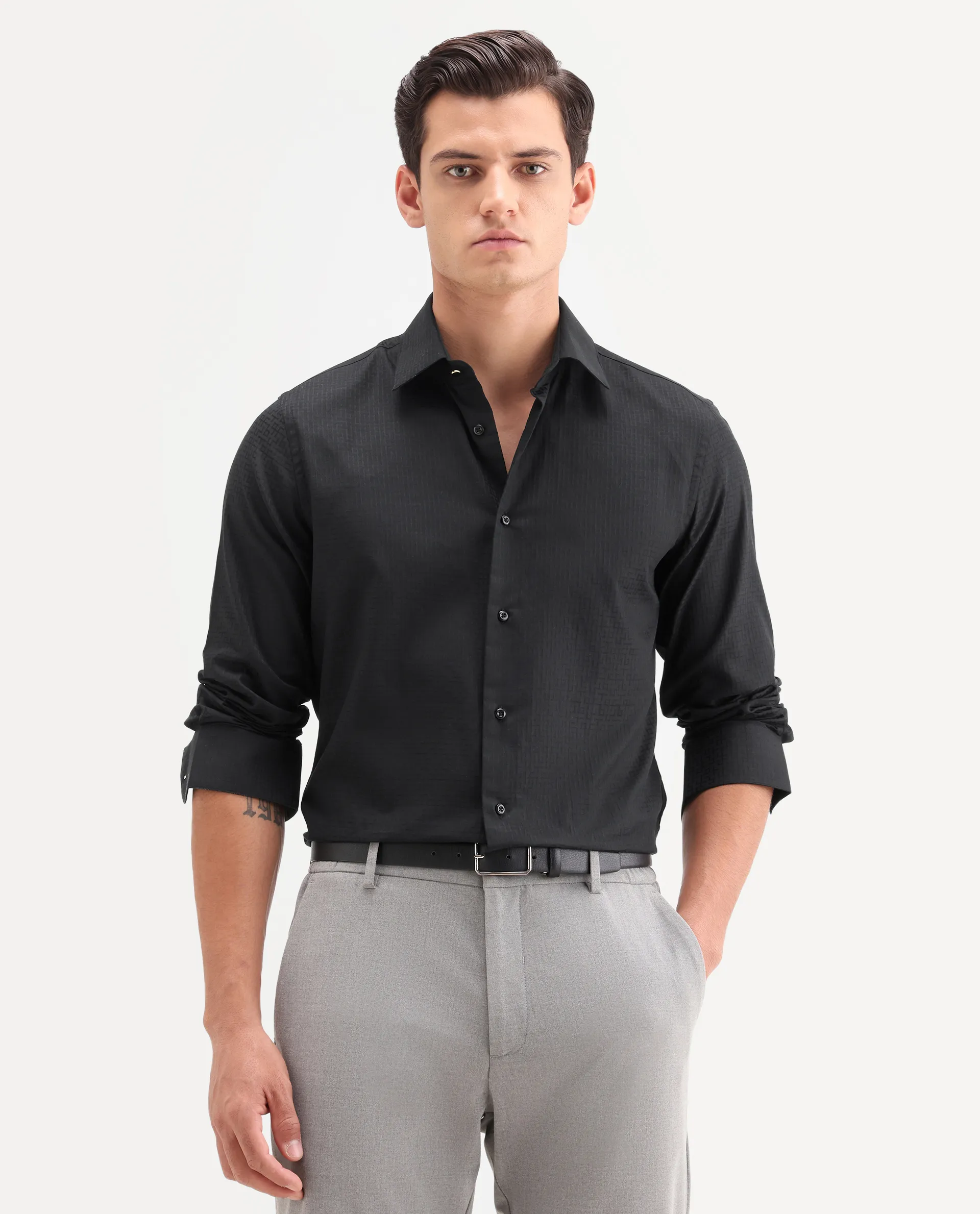 Rare Rabbit Men's Quard Black Cotton Fabric Full Sleeve Spread Collar Button Regular Textured Shirt - Image 4
