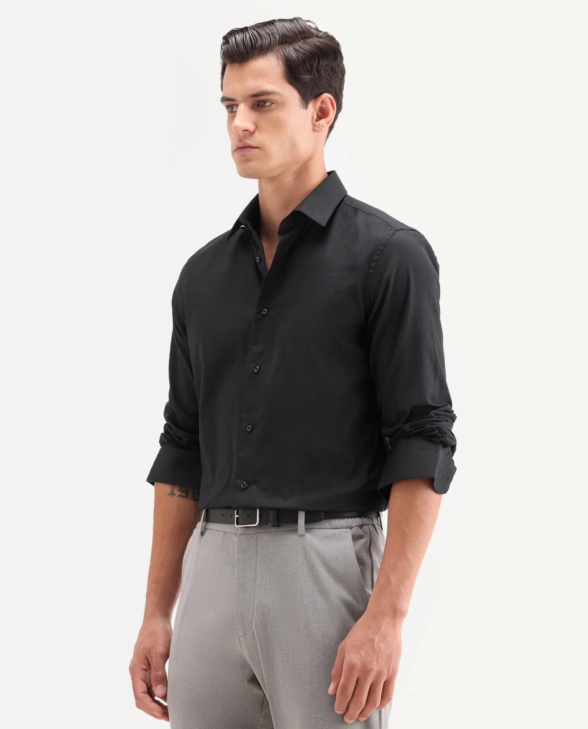 Rare Rabbit Men's Quard Black Cotton Fabric Full Sleeve Spread Collar Button Regular Textured Shirt - Image 5