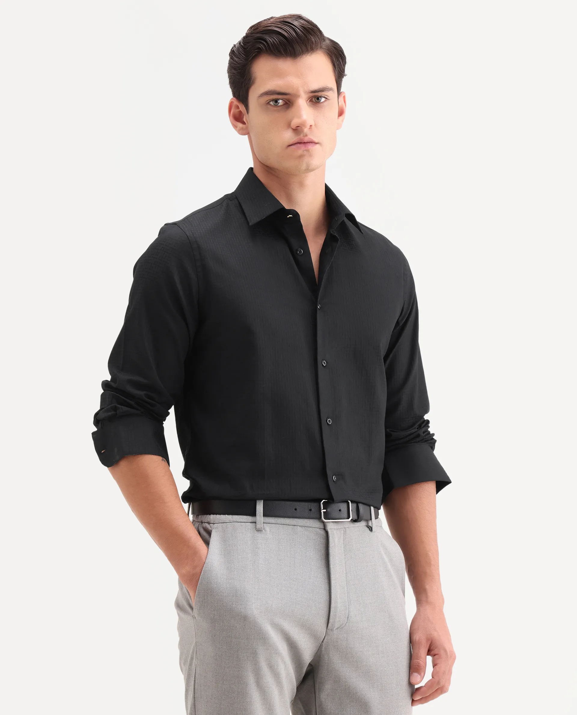 Rare Rabbit Men's Quard Black Cotton Fabric Full Sleeve Spread Collar Button Regular Textured Shirt - Image 6