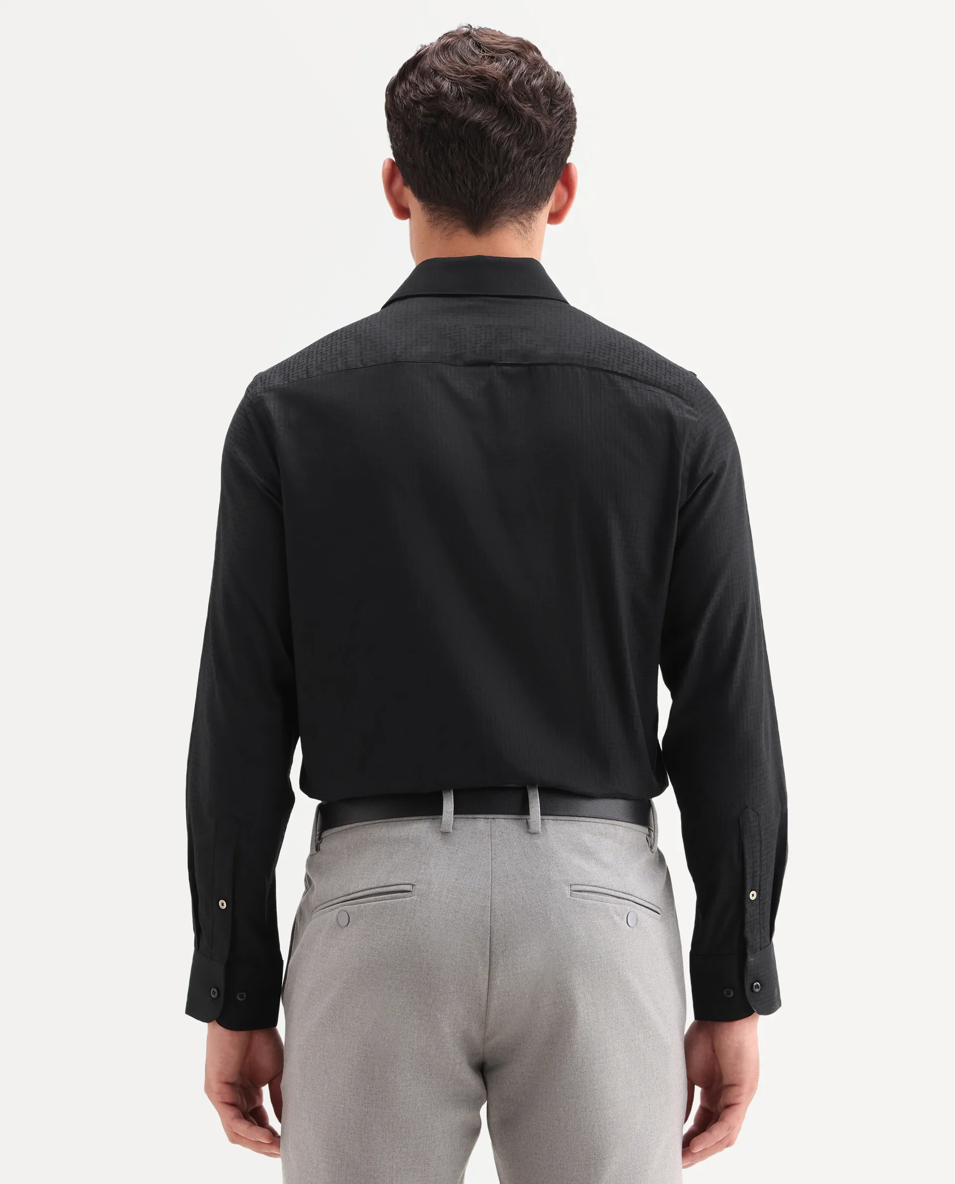 Rare Rabbit Men's Quard Black Cotton Fabric Full Sleeve Spread Collar Button Regular Textured Shirt - Image 7