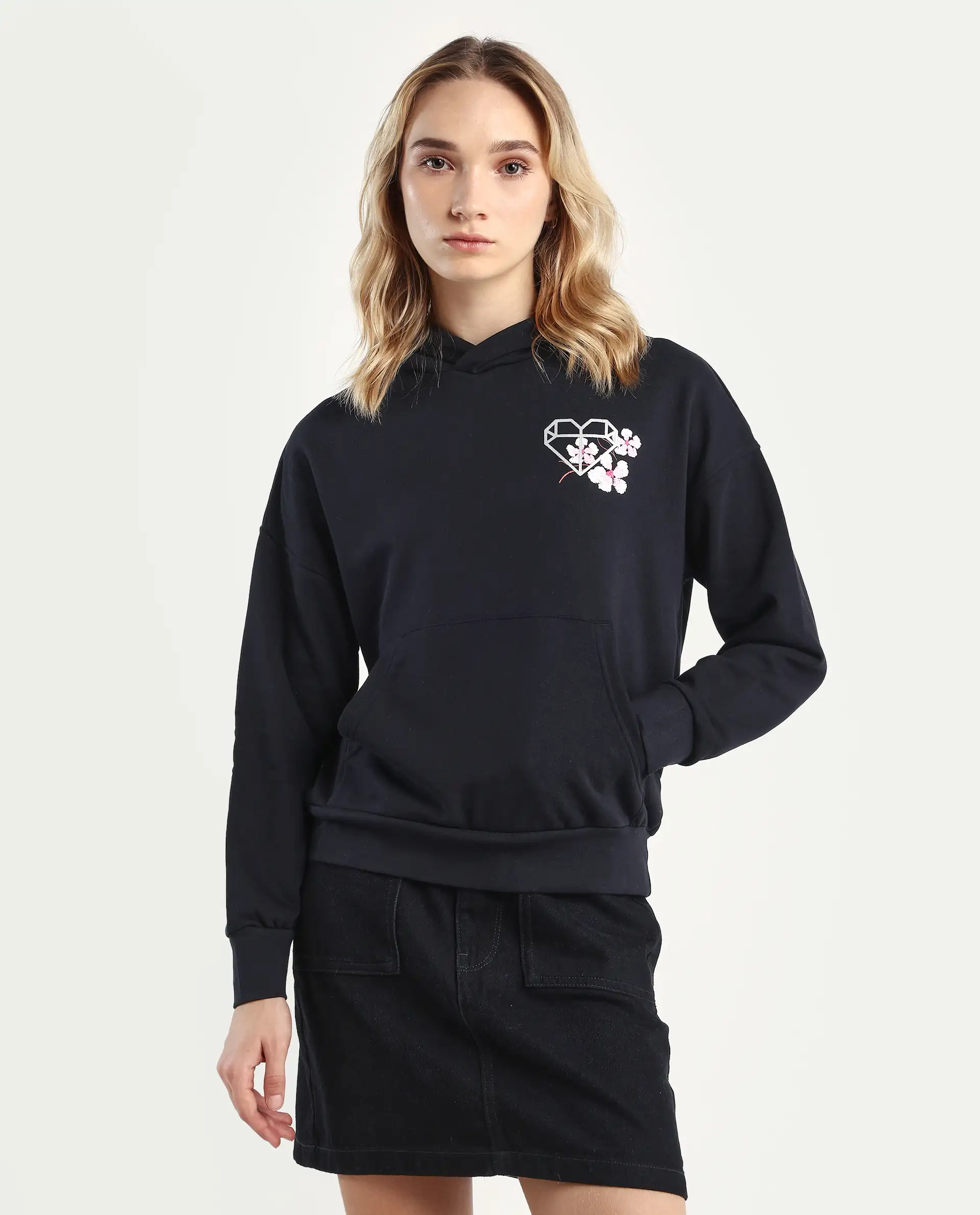Rareism Women's Quash Black Cotton Blend Hooded Graphic Print Relaxed Fit Sweatshirt - Image 3