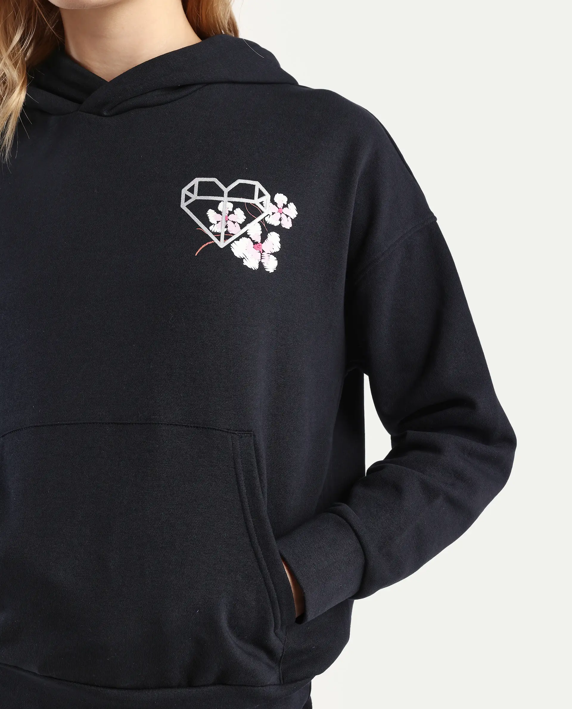 Rareism Women's Quash Black Cotton Blend Hooded Graphic Print Relaxed Fit Sweatshirt - Image 4
