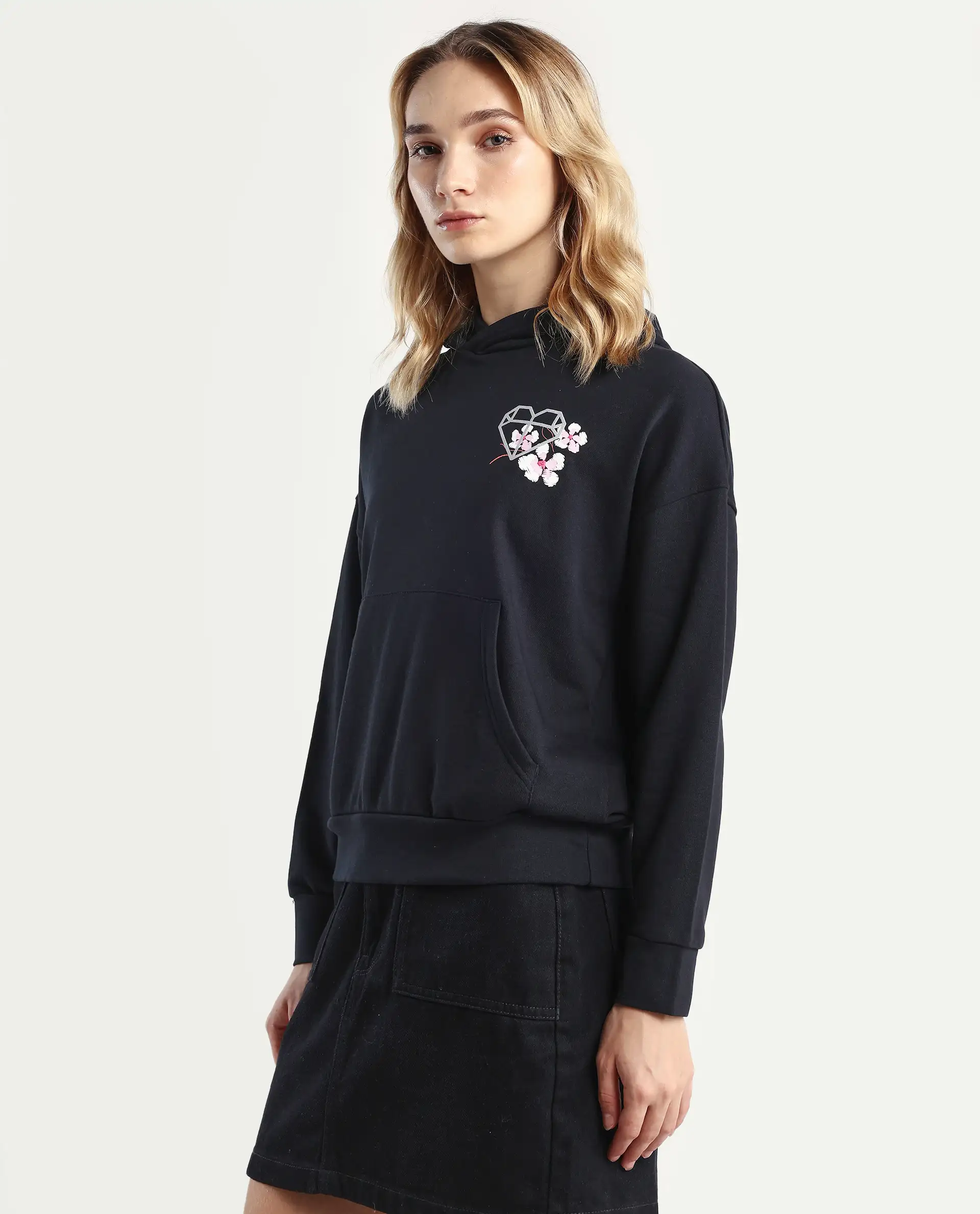Rareism Women's Quash Black Cotton Blend Hooded Graphic Print Relaxed Fit Sweatshirt - Image 5