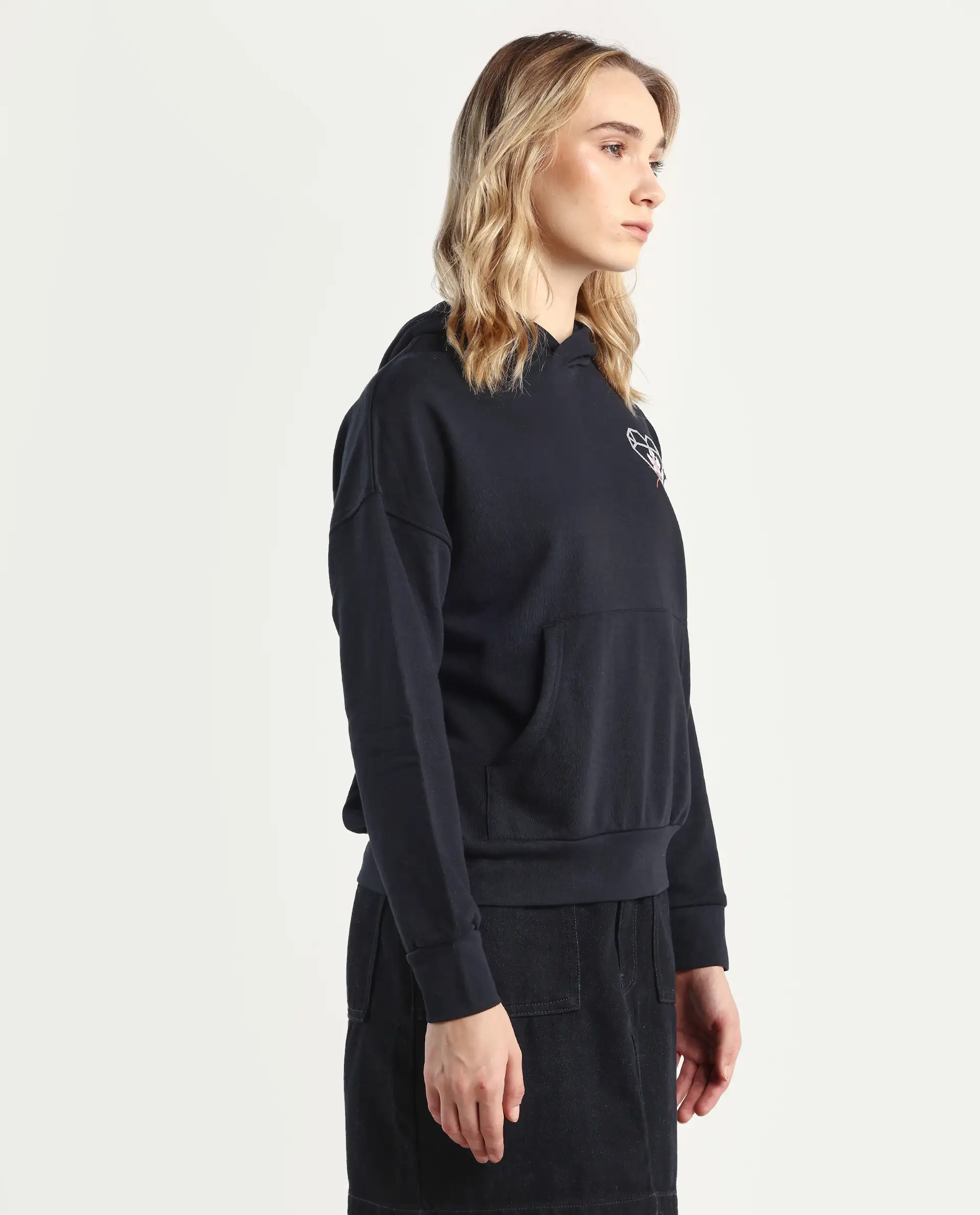 Rareism Women's Quash Black Cotton Blend Hooded Graphic Print Relaxed Fit Sweatshirt - Image 6