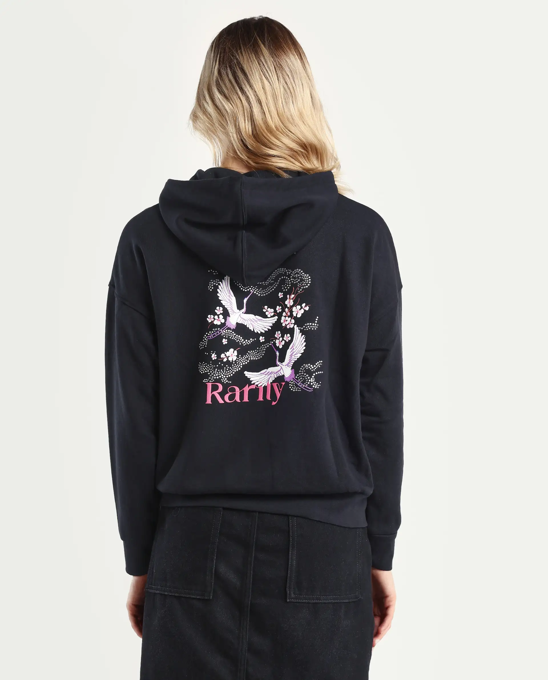 Rareism Women's Quash Black Cotton Blend Hooded Graphic Print Relaxed Fit Sweatshirt - Image 7