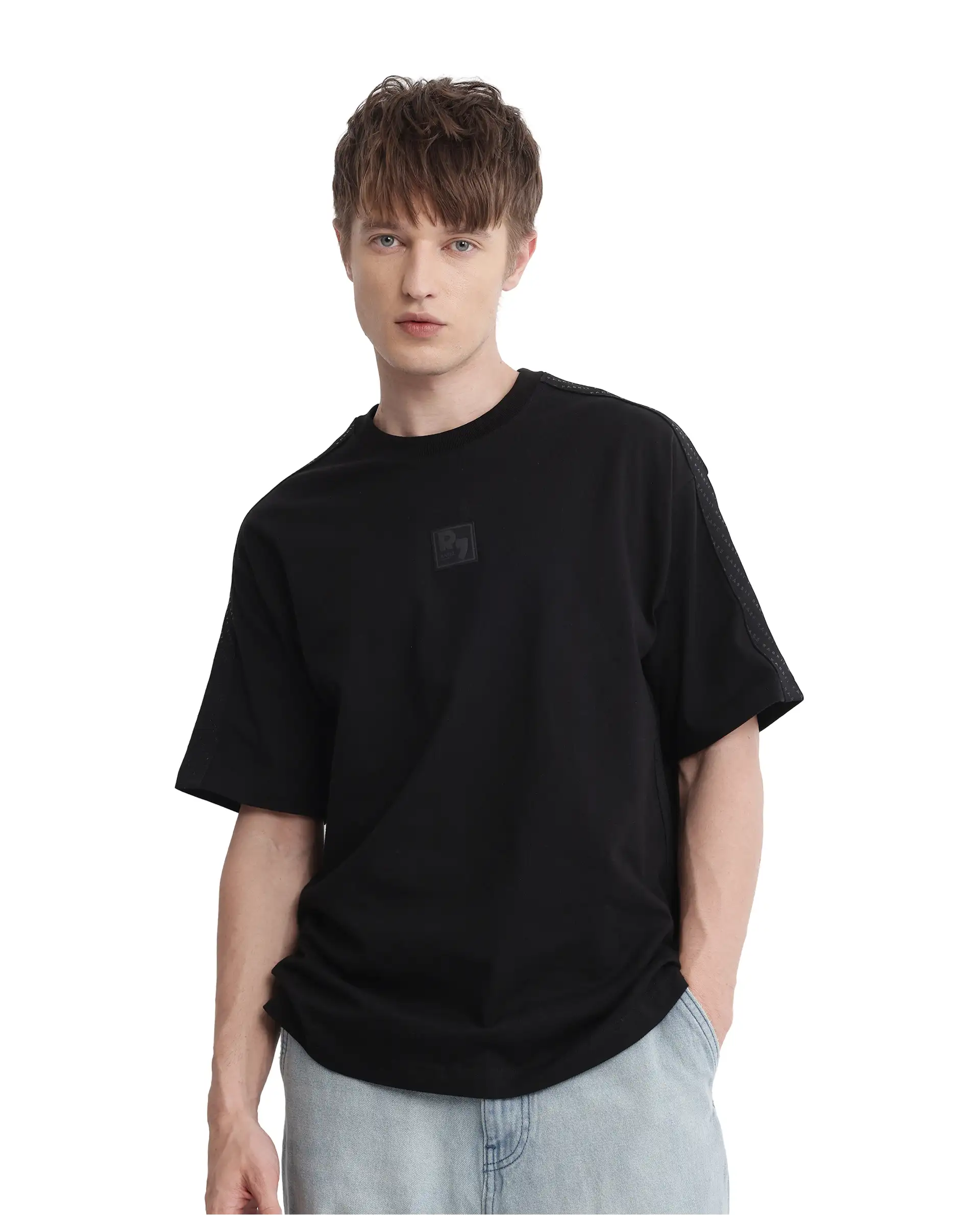 Rare Rabbit Men's Quate Black Cotton Plain Boxy Fit Half Sleeve Crew Neck T-Shirt - Image 2