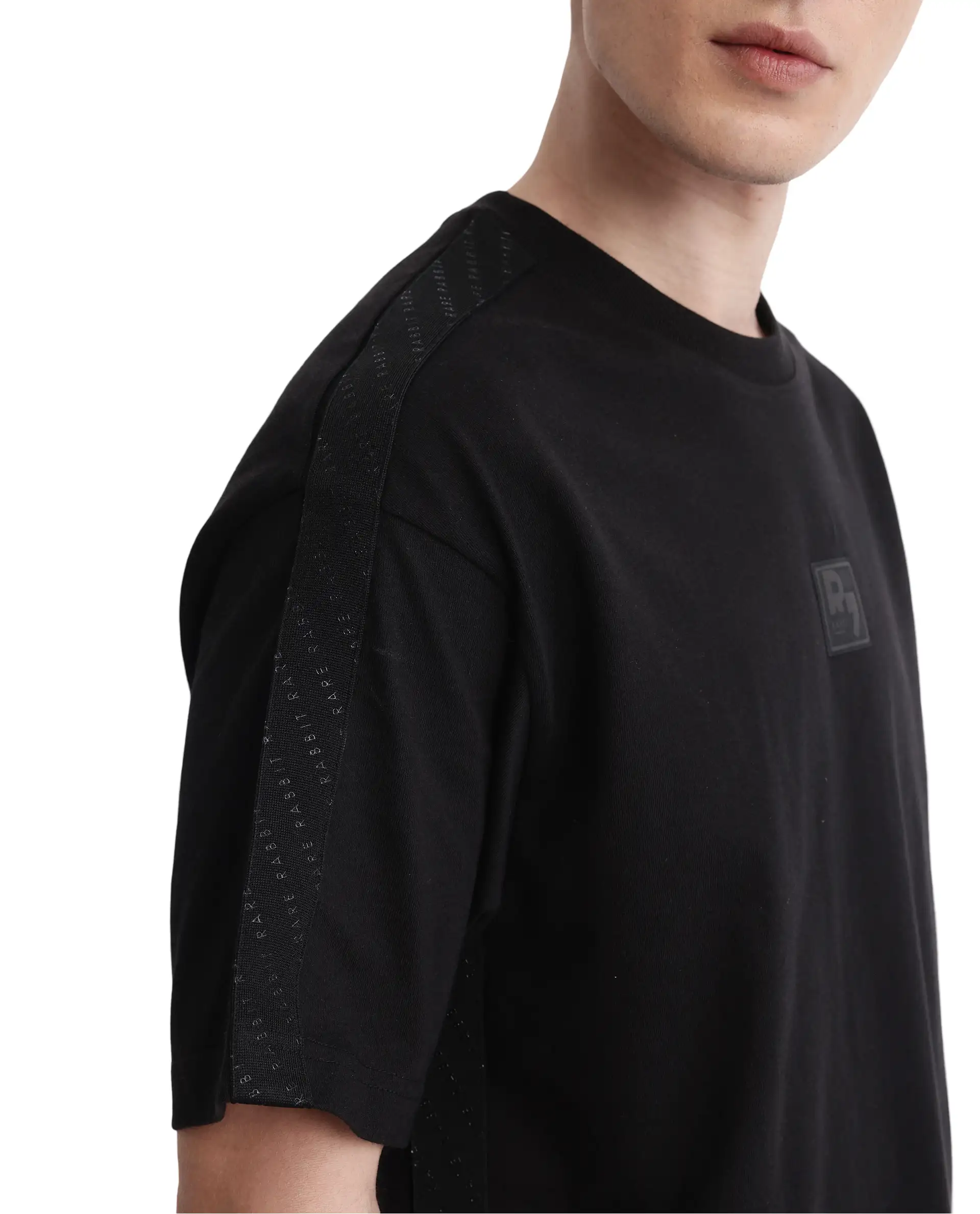 Rare Rabbit Men's Quate Black Cotton Plain Boxy Fit Half Sleeve Crew Neck T-Shirt - Image 4