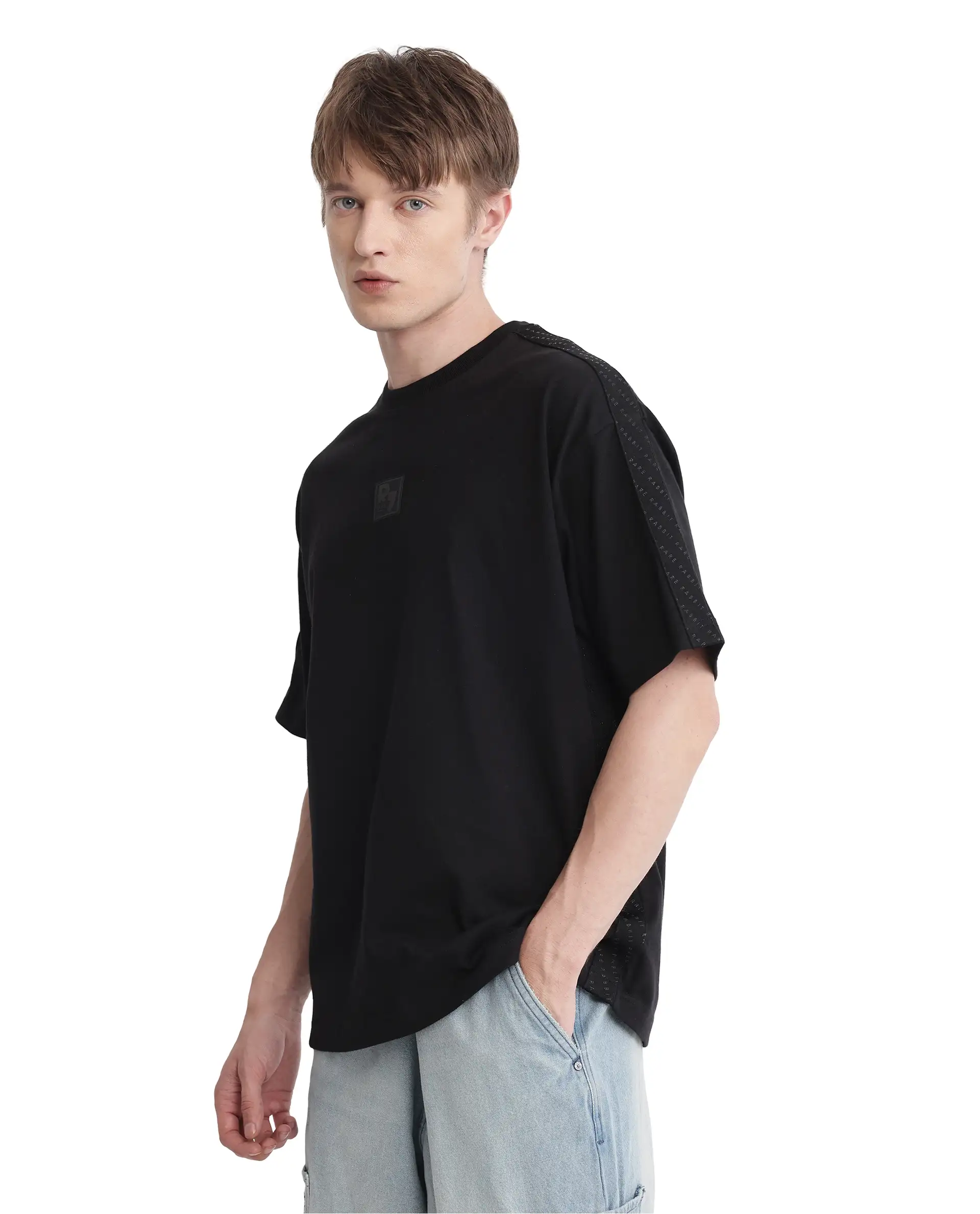 Rare Rabbit Men's Quate Black Cotton Plain Boxy Fit Half Sleeve Crew Neck T-Shirt - Image 6
