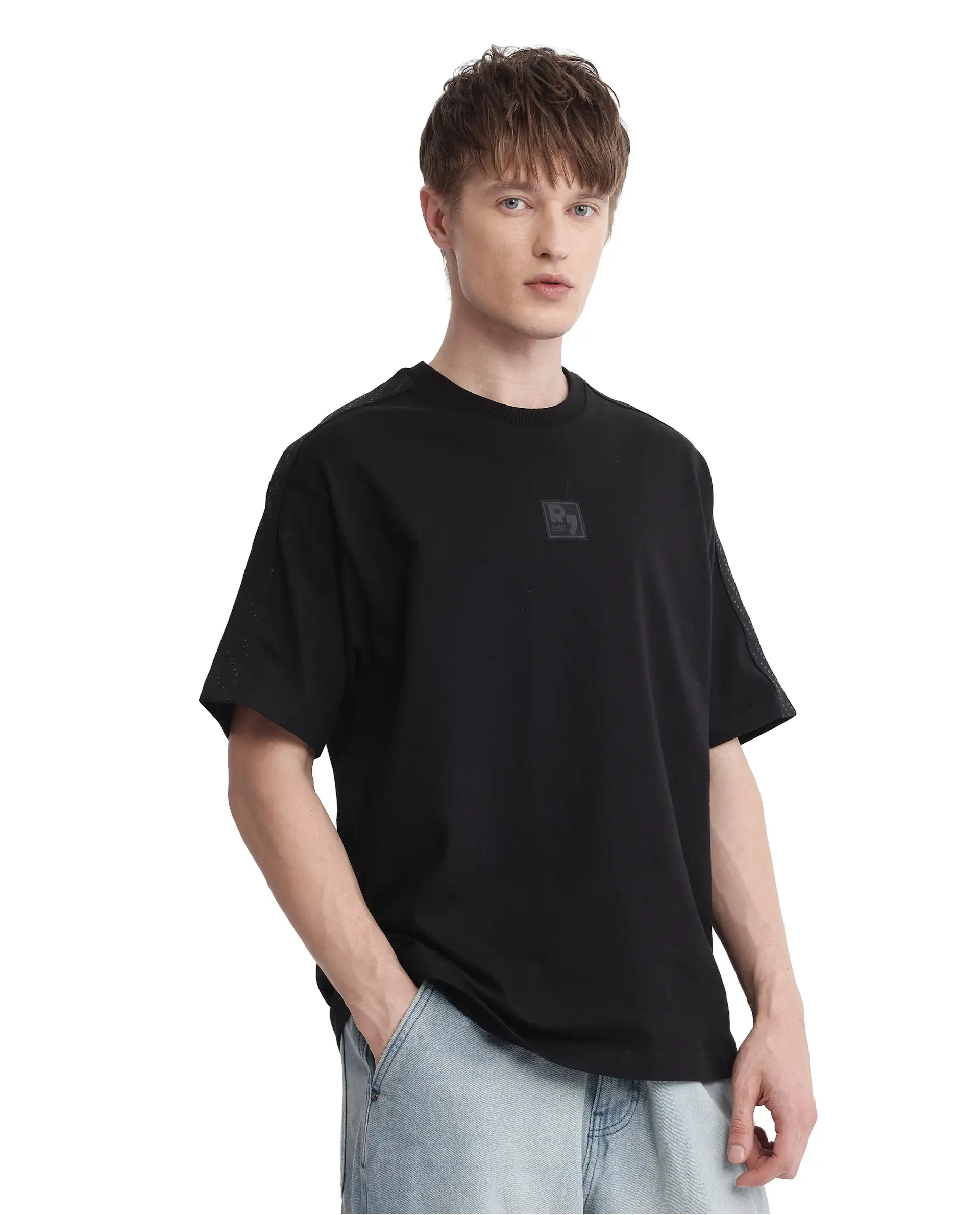 Rare Rabbit Men's Quate Black Cotton Plain Boxy Fit Half Sleeve Crew Neck T-Shirt - Image 7