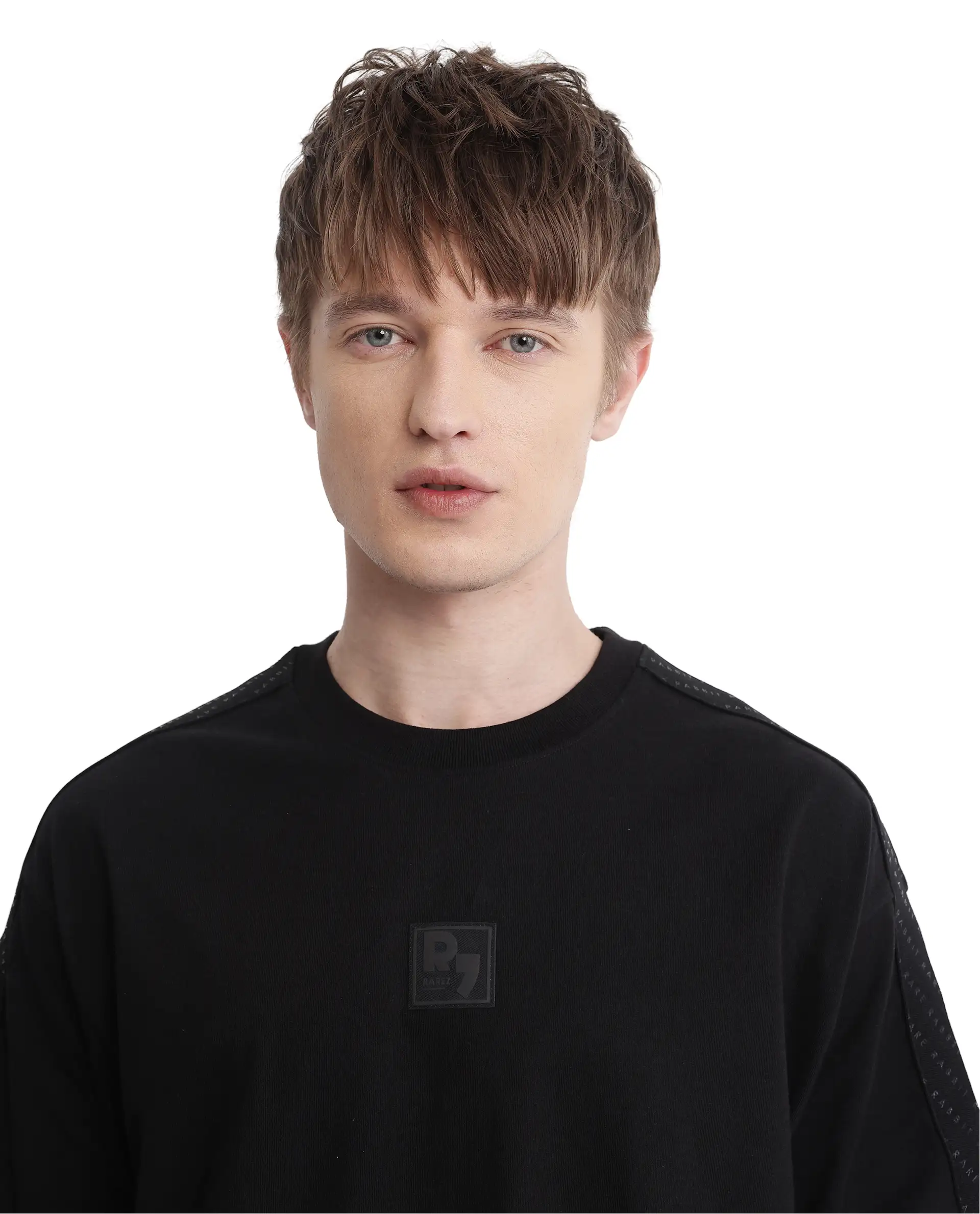 Rare Rabbit Men's Quate Black Cotton Plain Boxy Fit Half Sleeve Crew Neck T-Shirt - Image 8