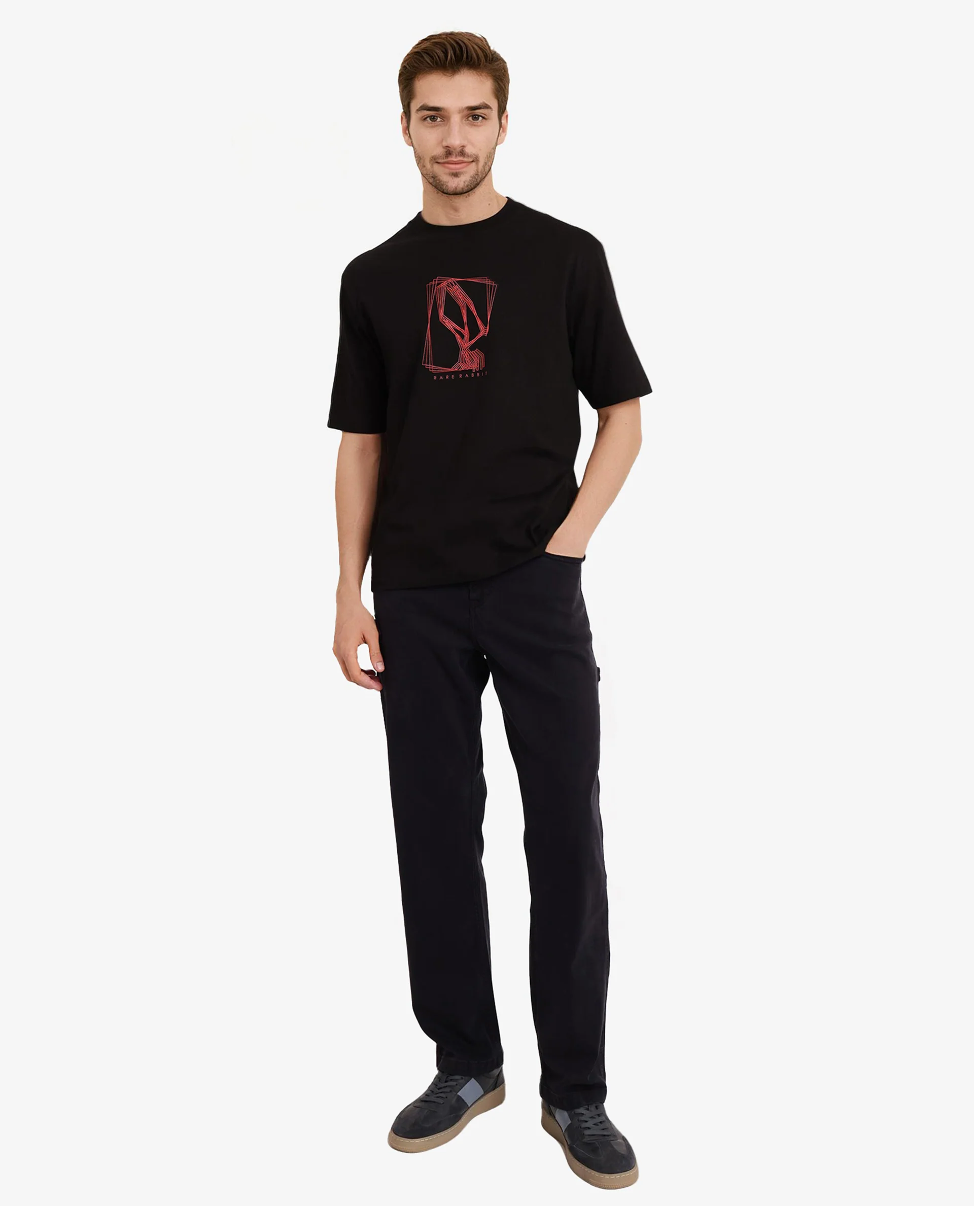 Rare Rabbit Men's Que Black Cotton Graphic Print Regular Fit Half Sleeve Crew Neck T-Shirt - Image 2