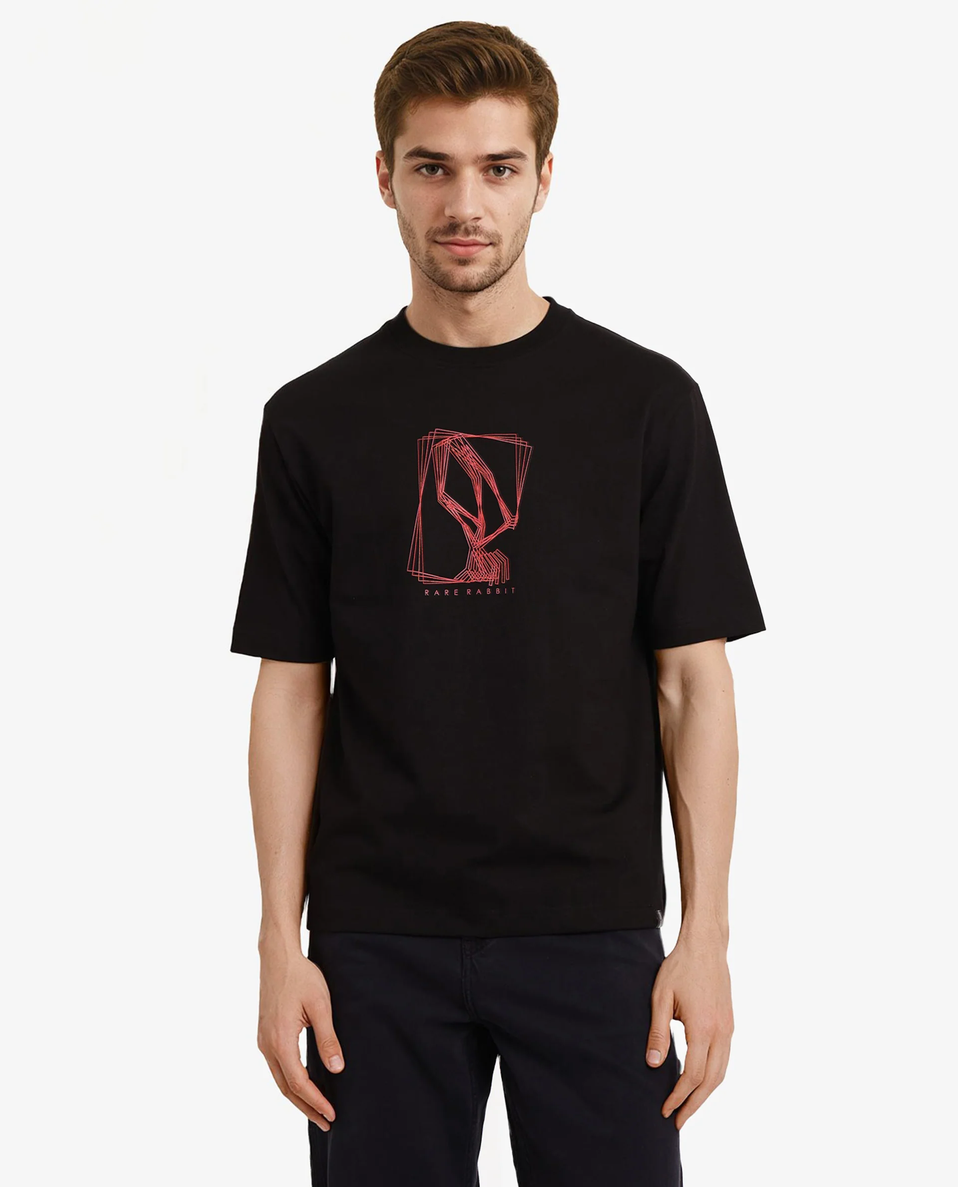 Rare Rabbit Men's Que Black Cotton Graphic Print Regular Fit Half Sleeve Crew Neck T-Shirt - Image 4