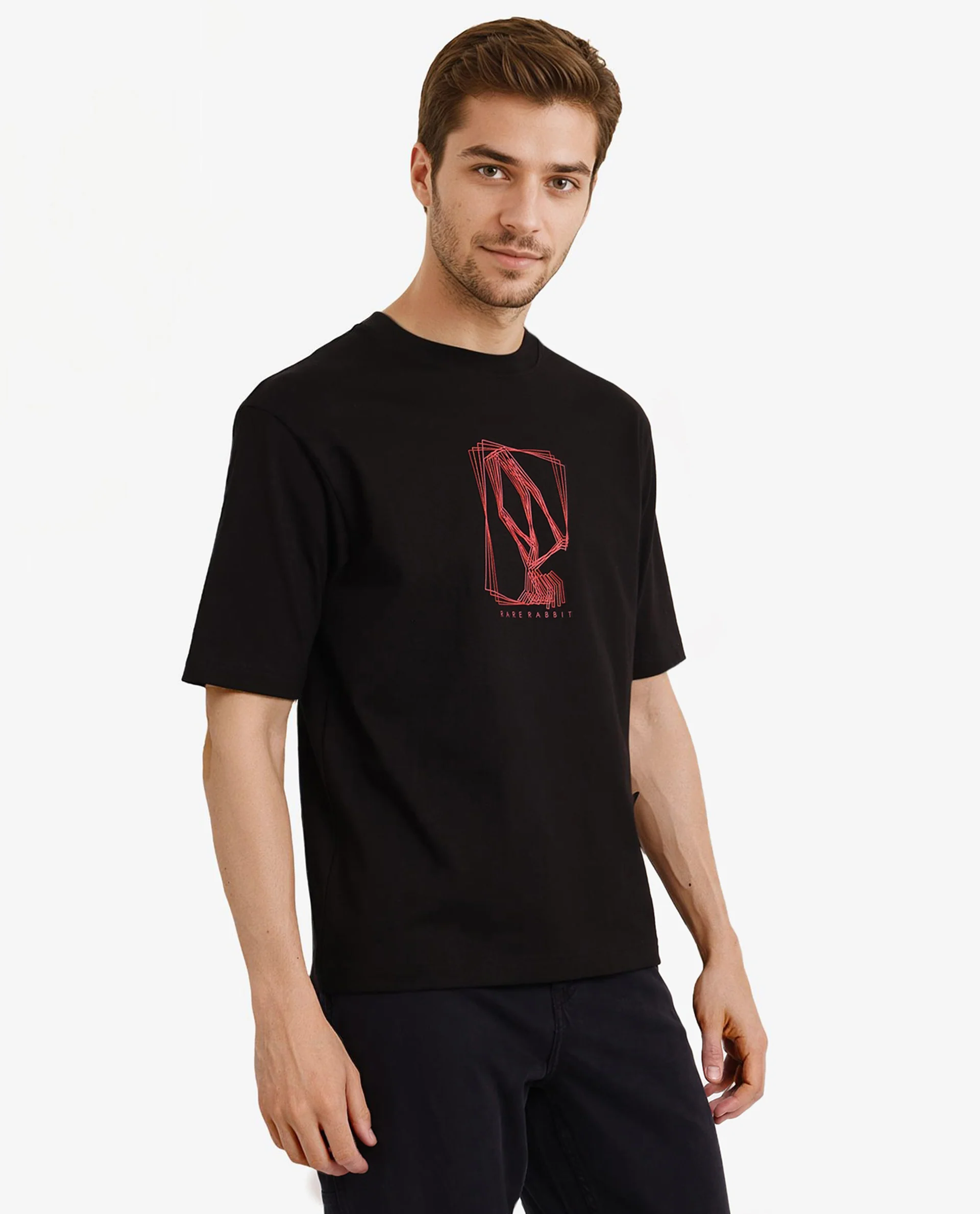 Rare Rabbit Men's Que Black Cotton Graphic Print Regular Fit Half Sleeve Crew Neck T-Shirt - Image 5