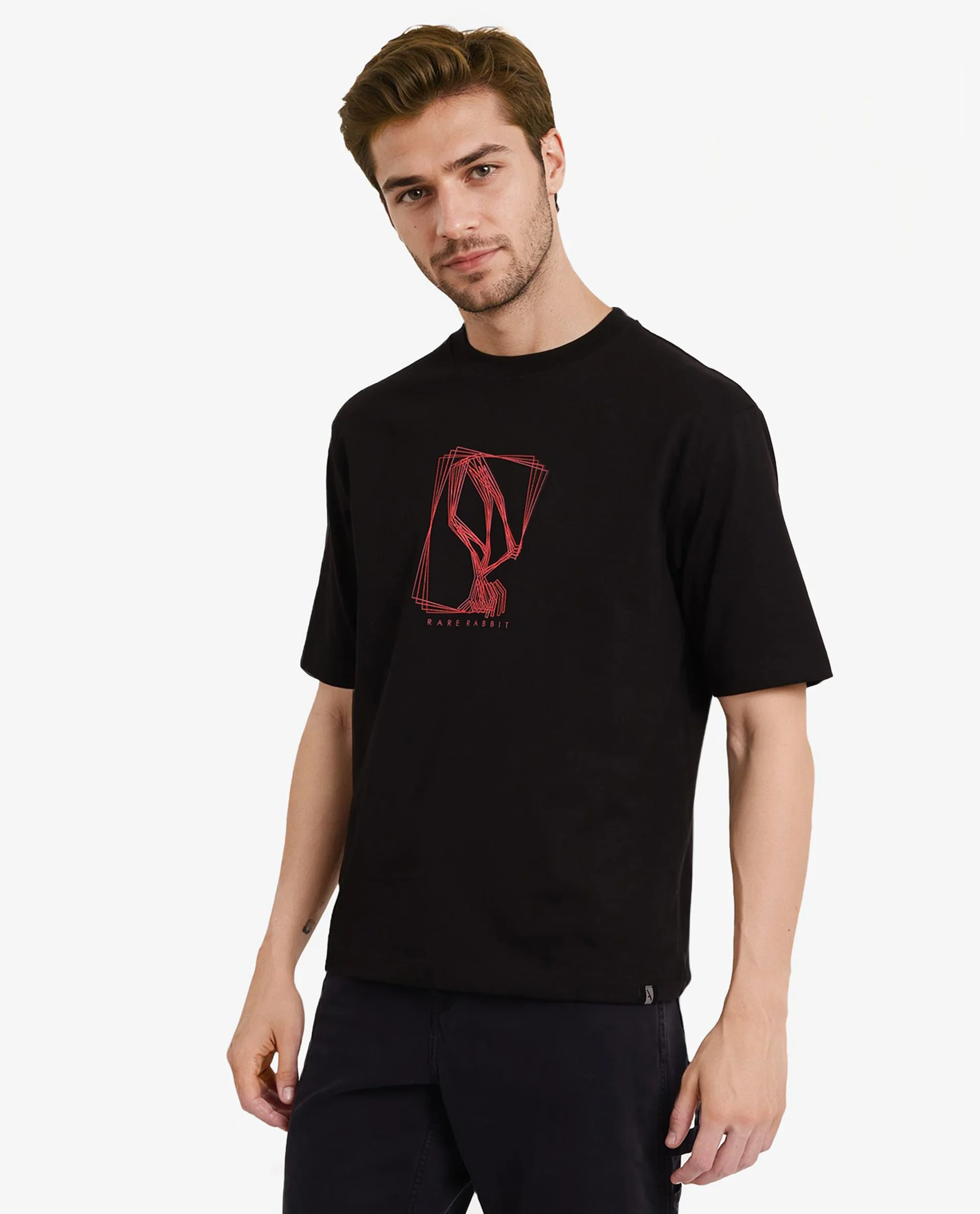 Rare Rabbit Men's Que Black Cotton Graphic Print Regular Fit Half Sleeve Crew Neck T-Shirt - Image 7