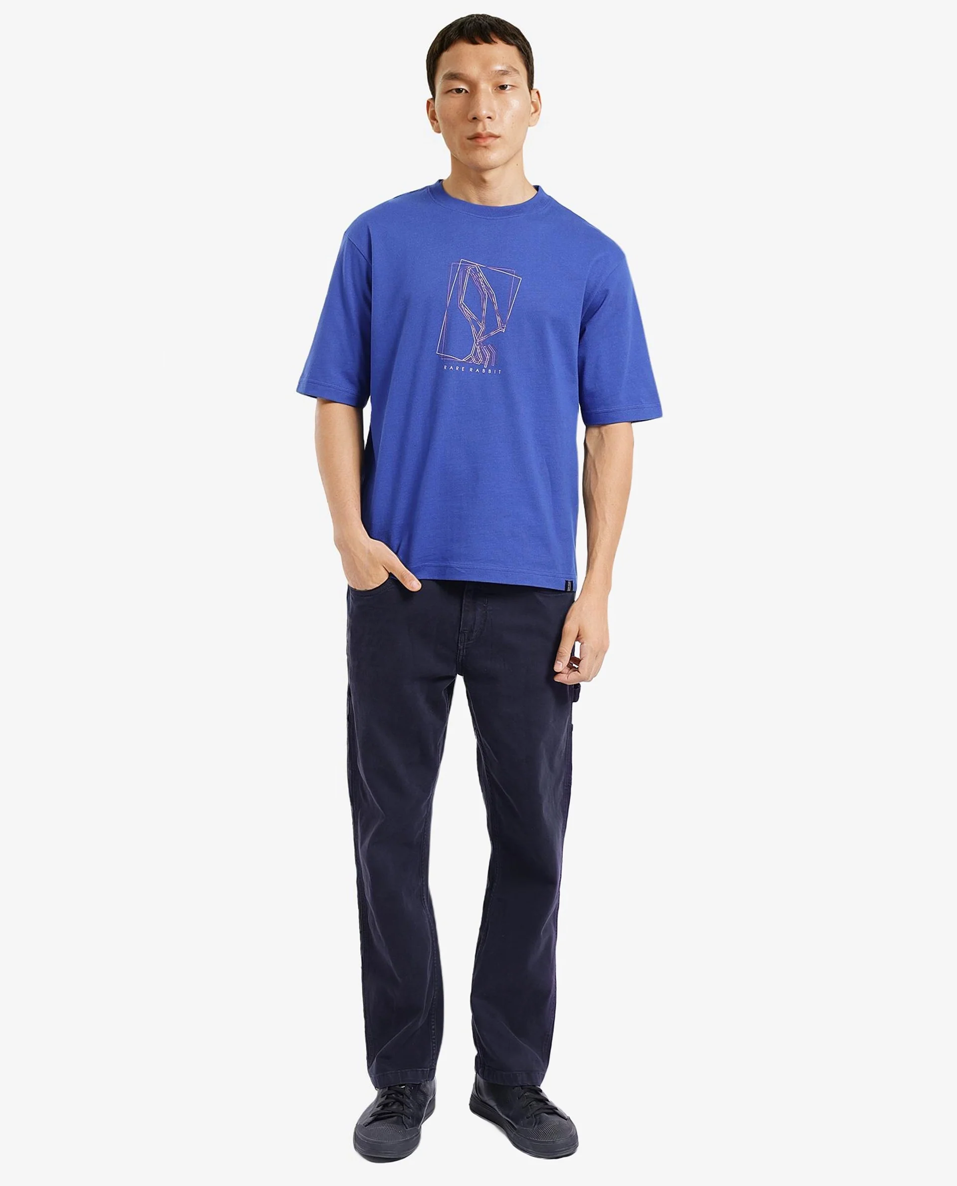 Rare Rabbit Men's Que Blue Cotton Graphic Print Regular Fit Half Sleeve Crew Neck T-Shirt - Image 2