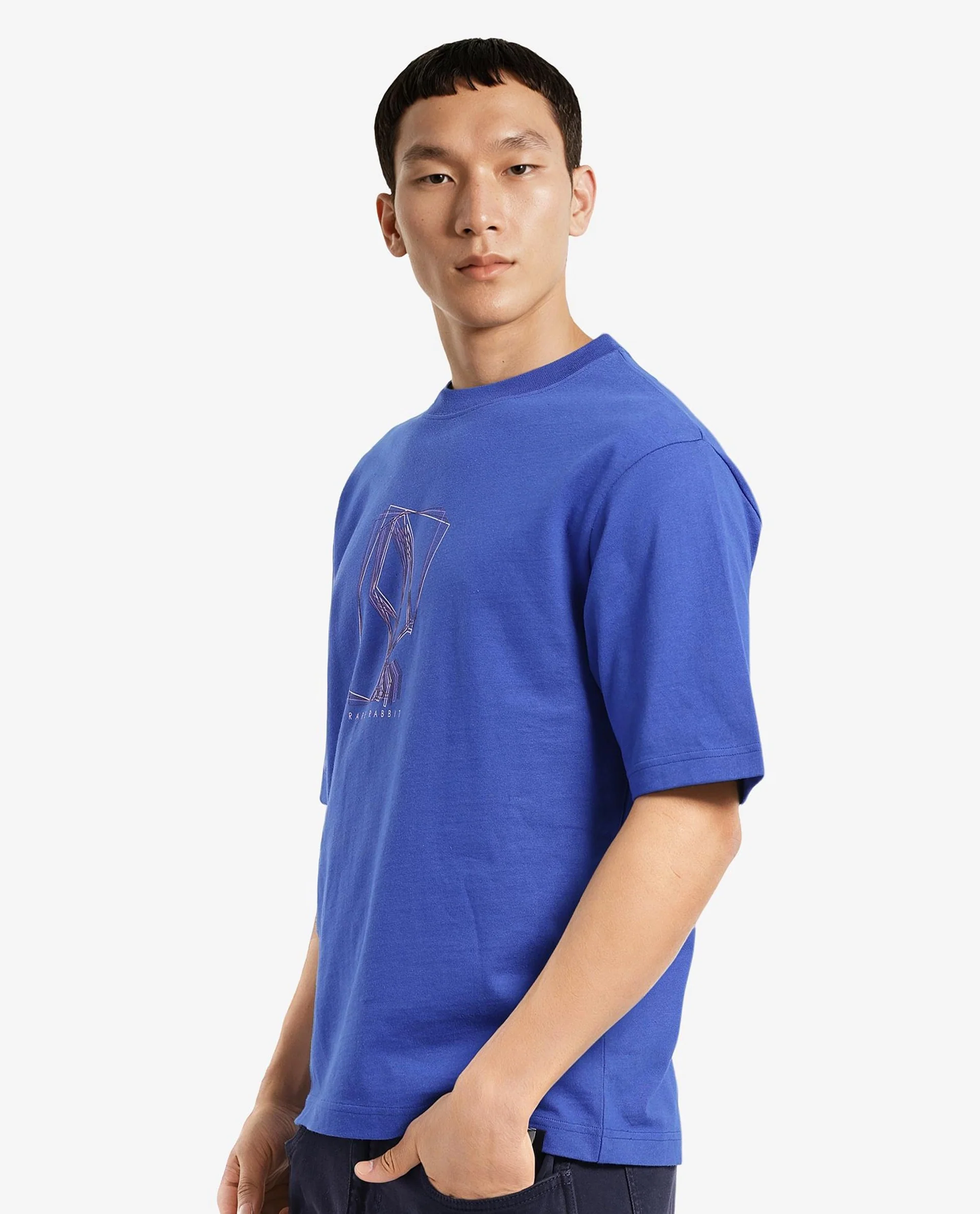 Rare Rabbit Men's Que Blue Cotton Graphic Print Regular Fit Half Sleeve Crew Neck T-Shirt - Image 5