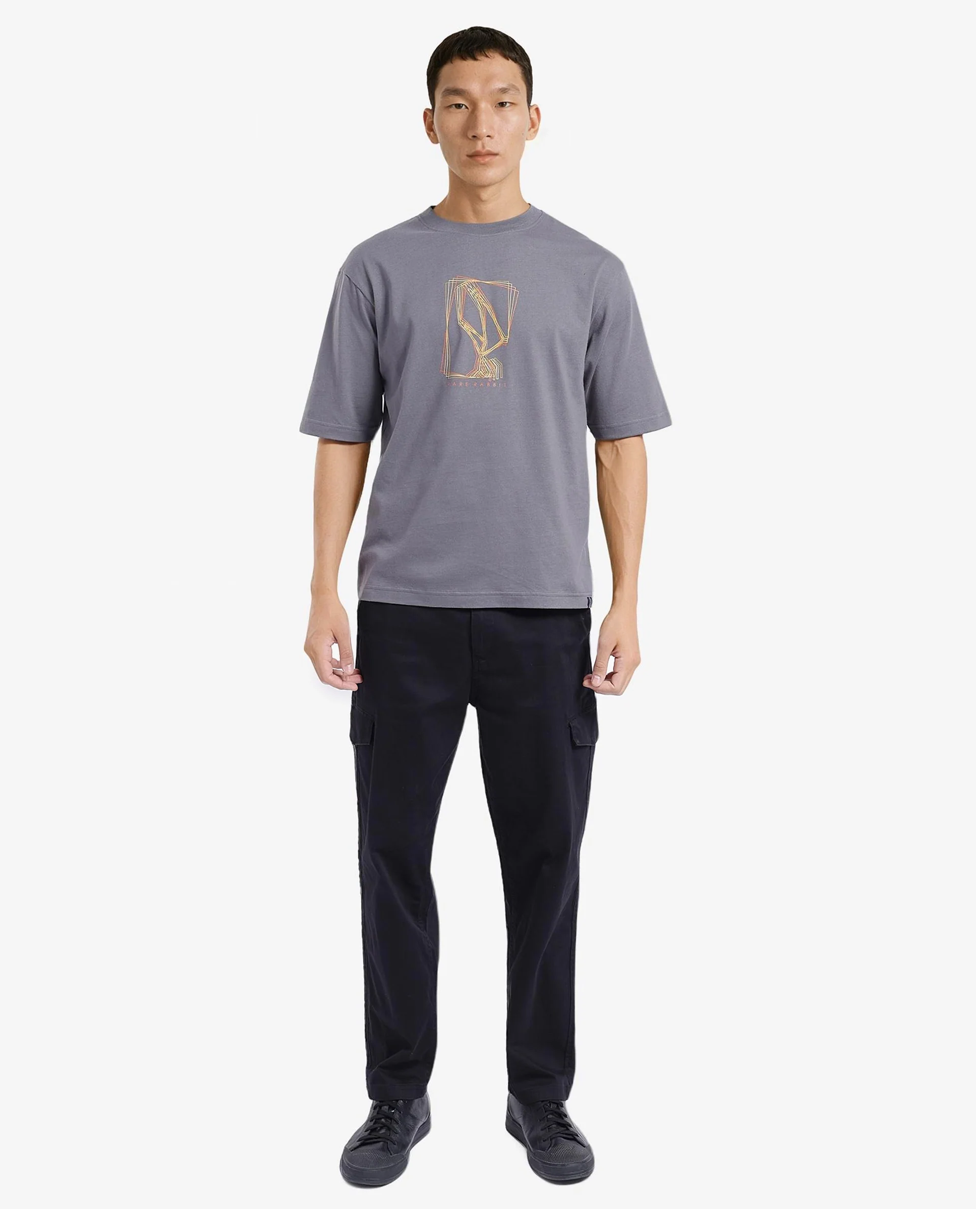 Rare Rabbit Men's Que Grey Cotton Graphic Print Regular Fit Half Sleeve Crew Neck T-Shirt - Image 2