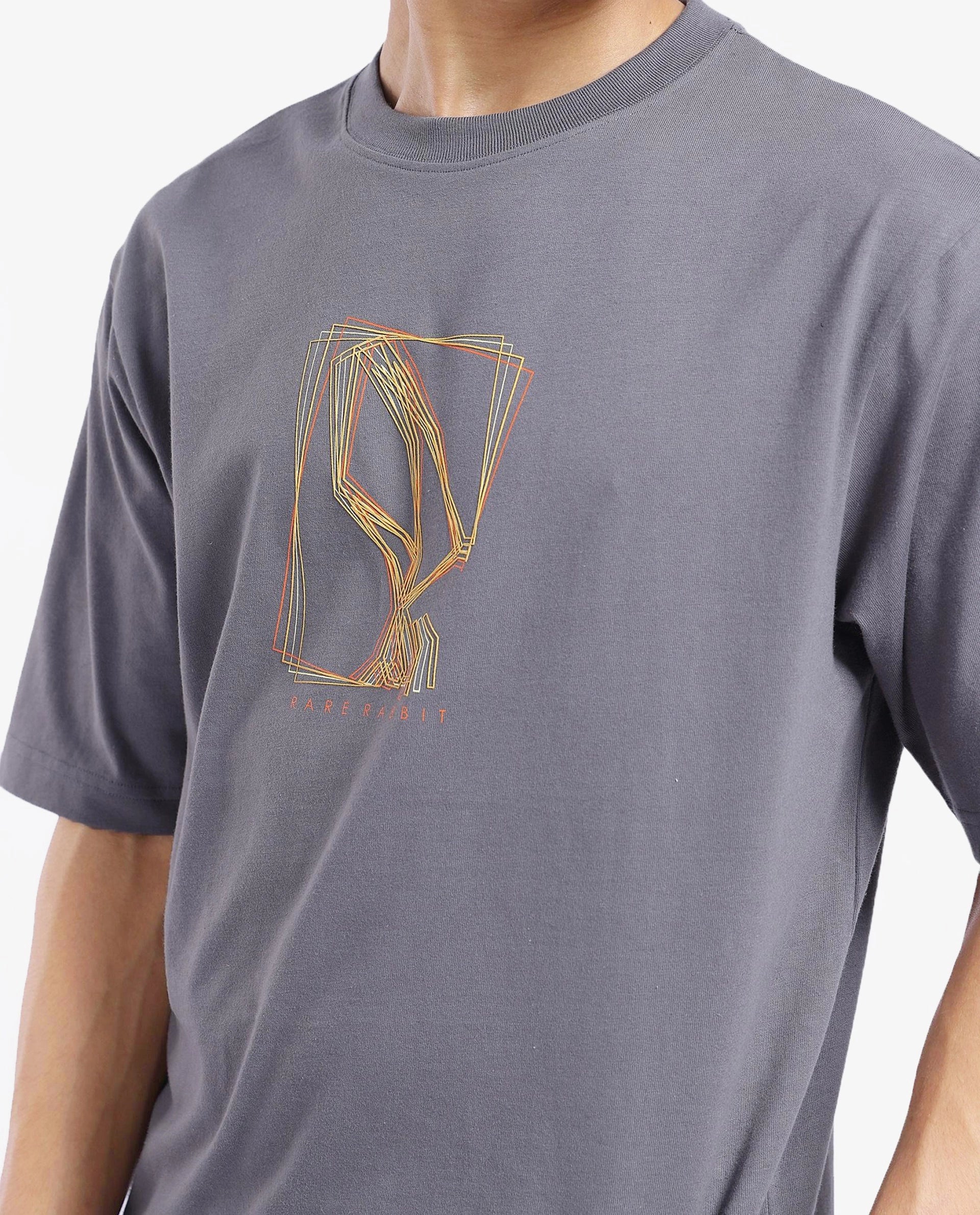 Rare Rabbit Men's Que Grey Cotton Graphic Print Regular Fit Half Sleeve Crew Neck T-Shirt - Image 3