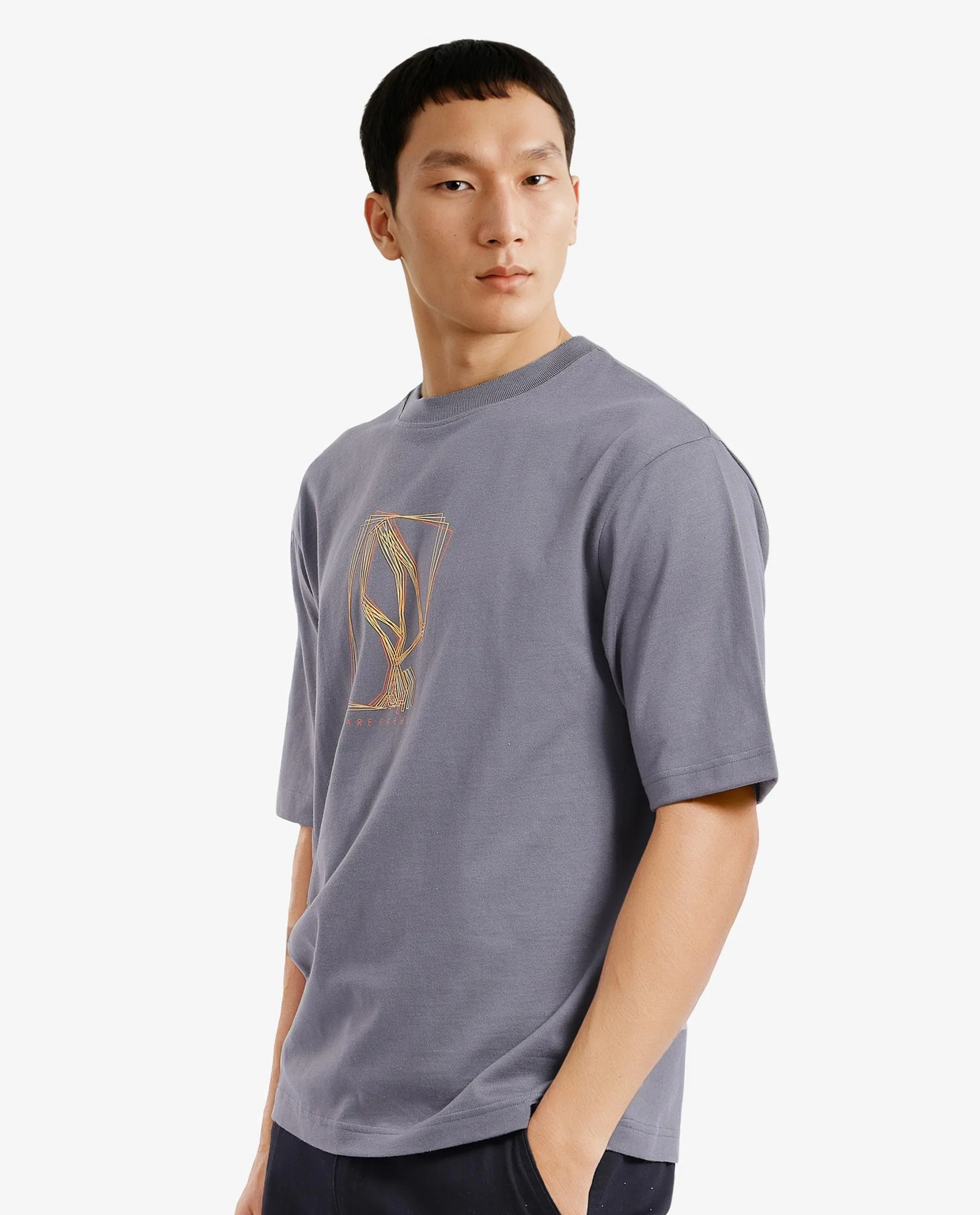 Rare Rabbit Men's Que Grey Cotton Graphic Print Regular Fit Half Sleeve Crew Neck T-Shirt - Image 5