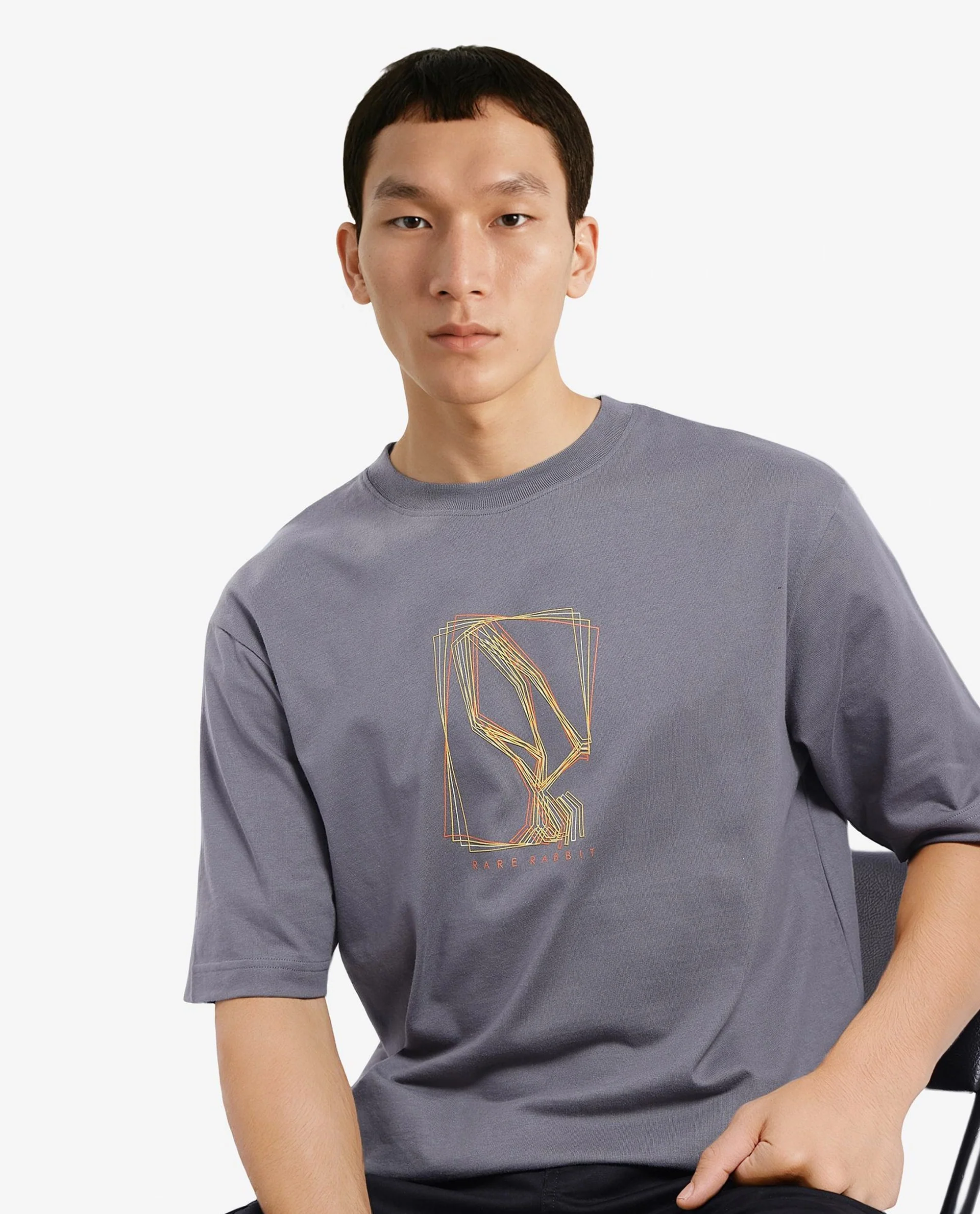 Rare Rabbit Men's Que Grey Cotton Graphic Print Regular Fit Half Sleeve Crew Neck T-Shirt - Image 8