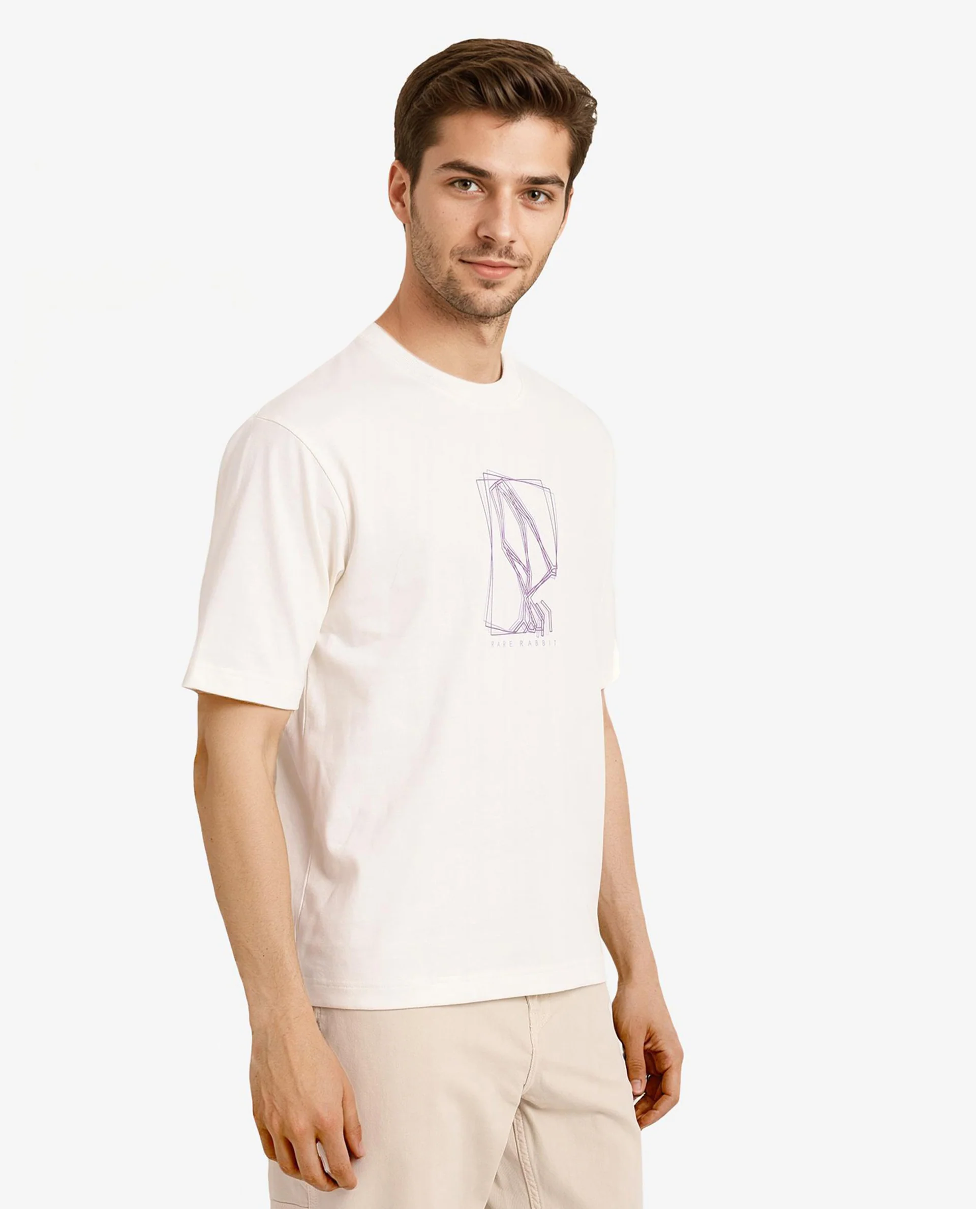 Rare Rabbit Men's Que Off White Cotton Graphic Print Regular Fit Half Sleeve Crew Neck T-Shirt - Image 3